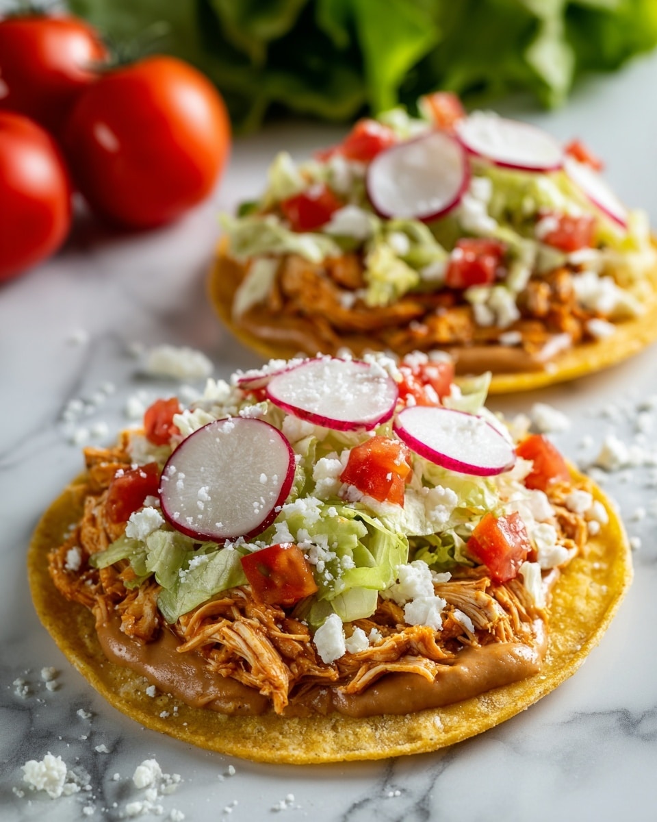 The image shows two tostadas on a white marbled surface with a close-up view. Each tostada has a crispy yellow corn tortilla base. On top of the tortilla, there is a layer of refried beans spread evenly. Above the beans, there is a thick layer of shredded chicken cooked in a reddish-orange sauce. Fresh chopped tomatoes and thin slices of green lettuce are scattered on top of the chicken. Thinly sliced radish rounds are placed over the vegetables, adding a touch of pink and white contrast. A generous sprinkle of white crumbled cheese covers the top of each tostada. Two whole red tomatoes and some loose lettuce pieces are visible in the blurred background. The overall colors are warm and fresh with a mix of reds, greens, and yellows. Photo taken with an iphone --ar 4:5 --v 7