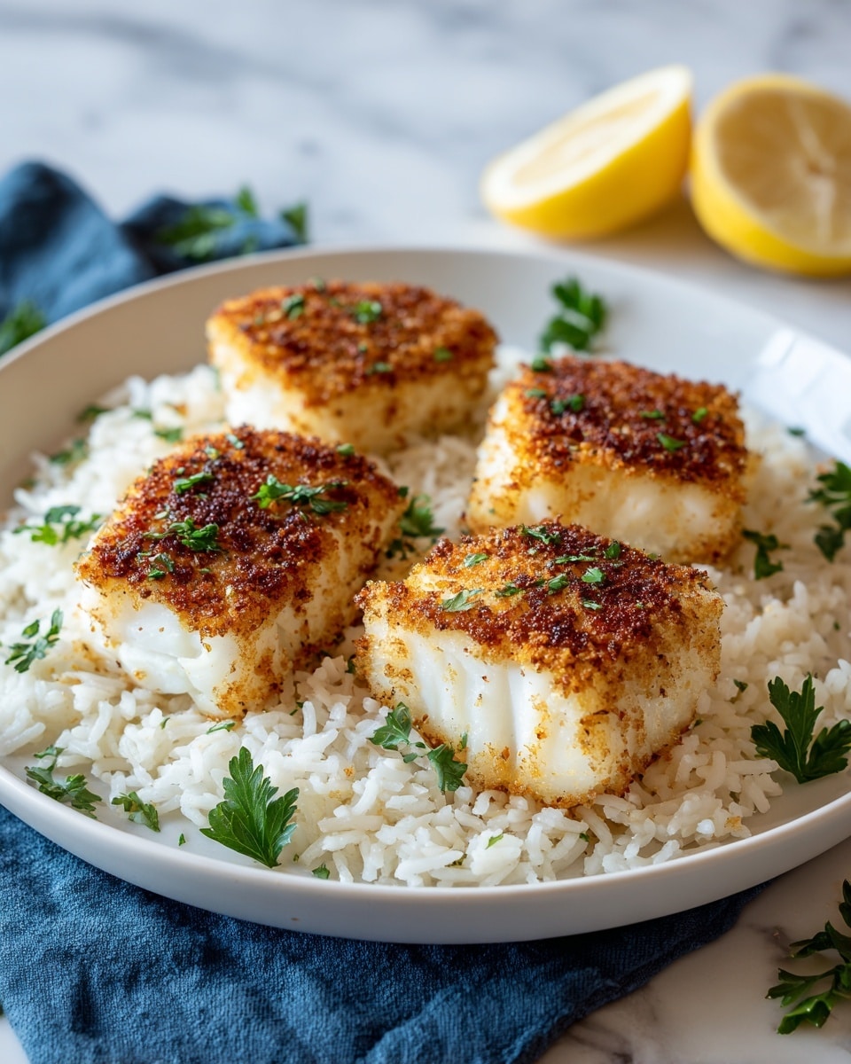 The image shows a white plate with four large pieces of cooked fish, each topped with a dark, crisp spice layer. The fish is placed on a bed of white rice, with a few green parsley leaves scattered around for decoration. In the background, part of a lemon slice and some green herbs are visible. The plate sits on a white marbled surface with a dark blue napkin partly in the frame. The lighting highlights the texture of the crispy fish skin and the softness of the rice photo taken with an iphone --ar 4:5 --v 7