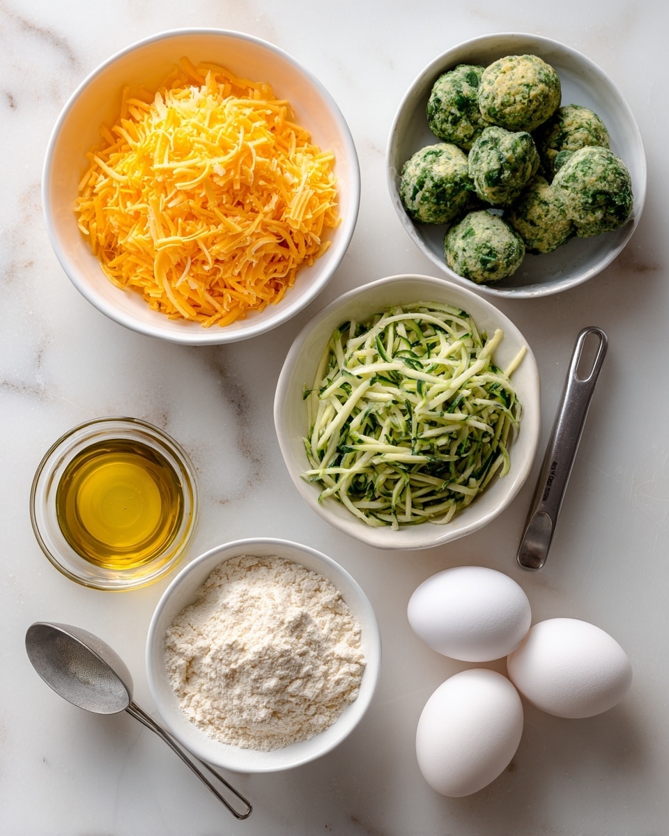The image shows a white marbled surface with ingredients for cooking arranged neatly. There are four white bowls: one with bright orange shredded cheddar cheese, one with green frozen spinach balls, one with shredded green zucchini, and one small bowl with light beige onion powder. A metal measuring spoon filled with white flour lies near the bowls. Three white eggs are placed close to a small glass container holding golden olive oil. Each element is clearly separated and easy to see. Photo taken with an iphone --ar 4:5 --v 7