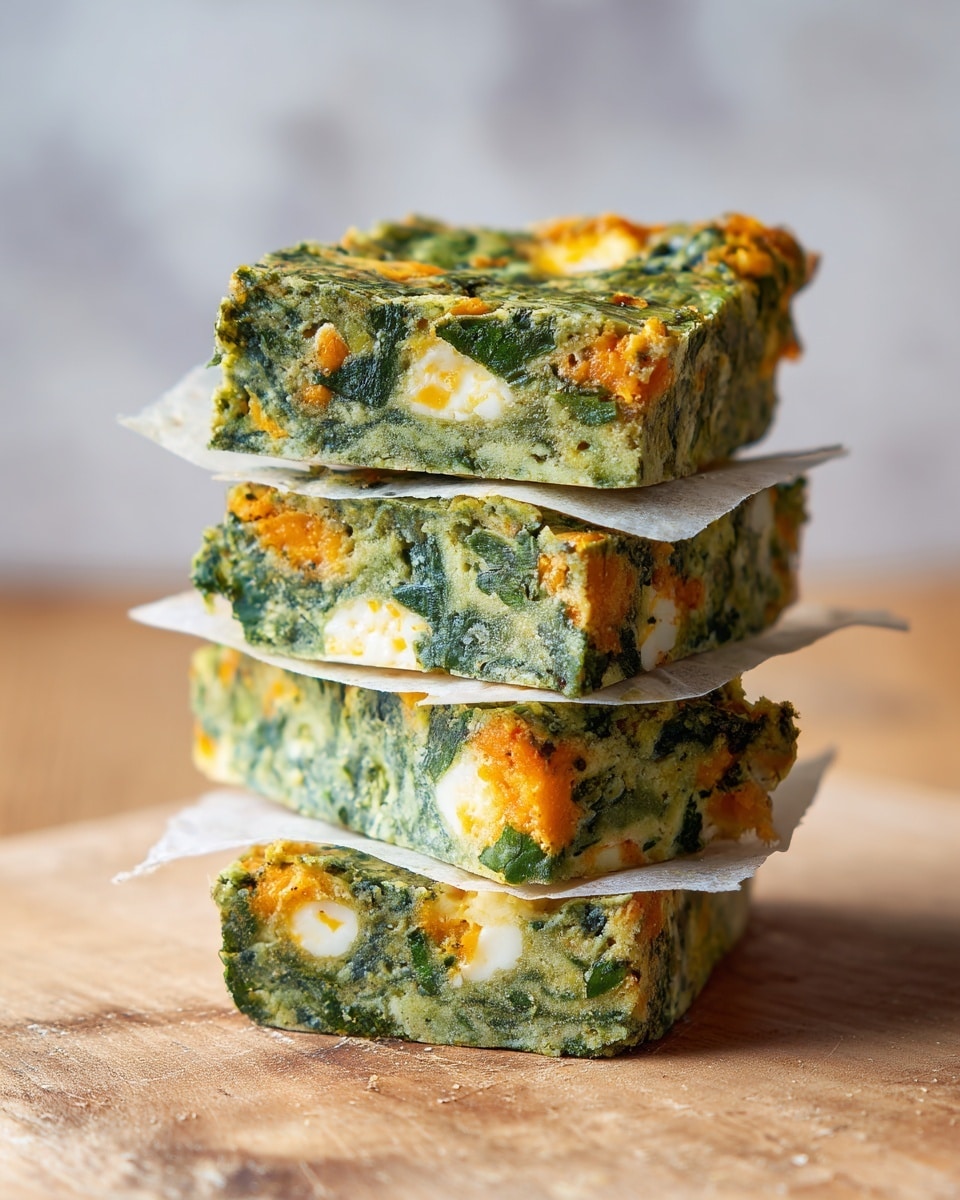 A stack of four square spinach and cheese egg bites, each separated by a piece of white parchment paper, is placed on a wooden board over a white marbled background. The bites show a mix of green spinach and orange cheddar cheese inside soft yellow egg layers, with visible textures of cooked greens and melted cheese throughout. The edges are slightly browned, making the squares look freshly baked and fluffy. photo taken with an iphone --ar 4:5 --v 7