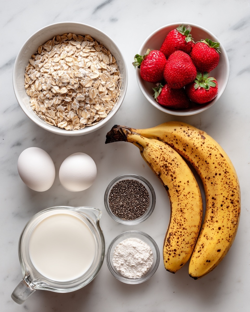 A white bowl filled with light brown rolled oats sits near the top center on a white marbled surface. To the right, two yellow bananas with many dark brown spots lie side by side. Below the oats, a small white bowl holds several red strawberries with green leaves on top. On the left side, two white eggs rest closely together. Near the center bottom, a clear glass pitcher contains white milk. To the right of the milk, a small white bowl is filled with tiny black chia seeds. Next to the eggs and slightly above, there is a small dark brown container with cinnamon powder inside. Finally, a small white bowl with white baking powder sits next to the cinnamon, all ingredients arranged neatly. photo taken with an iphone --ar 4:5 --v 7