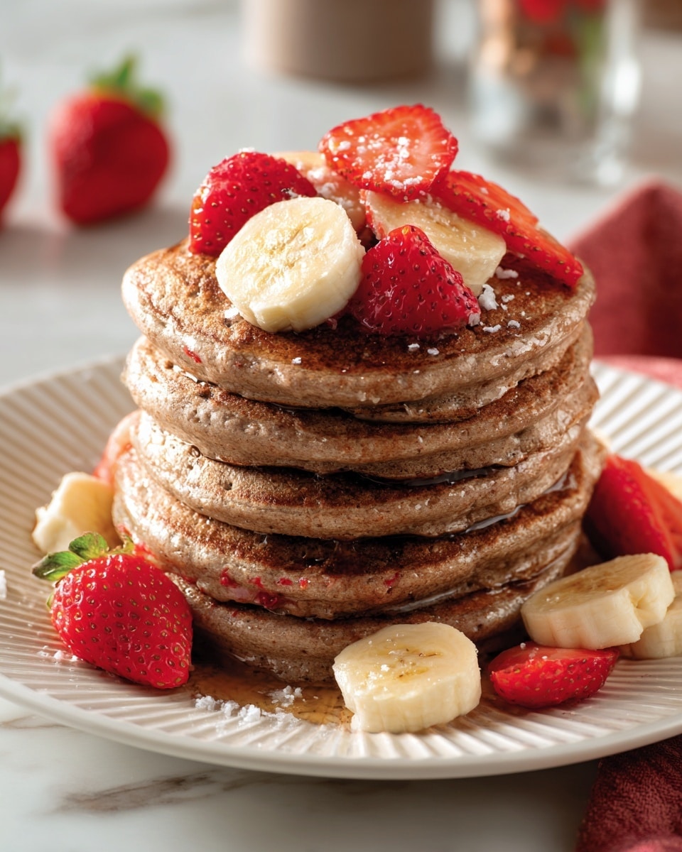 A tall stack of six thick, golden-brown pancakes with visible pieces of strawberries baked inside, sitting on a white plate with ridged edges. On top of the stack are fresh banana slices and strawberry pieces sprinkled with white shredded coconut. Around the base of the stack on the plate are scattered banana slices and strawberry pieces. The plate rests on a white marbled surface, with blurred strawberries in the background. photo taken with an iphone --ar 4:5 --v 7
