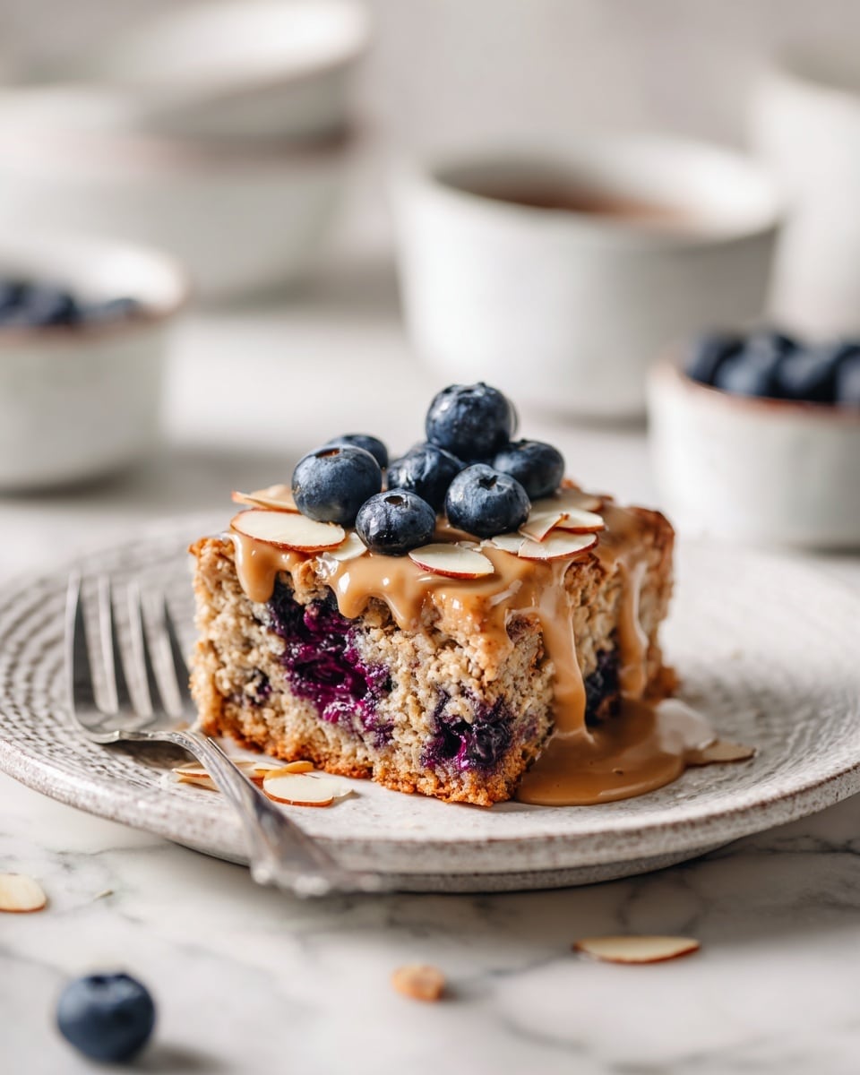 A rectangular piece of brown baked oat bar is placed on a white textured plate. The oat bar has a moist, slightly crumbly texture with visible bits of oats and blueberries inside. It is topped with a thick layer of light brown almond butter sauce that drips down the sides, scattered slices of almonds, and whole fresh blueberries with a deep blue color. A silver fork rests on the right side of the plate. The plate sits on a white marbled surface with some almond slices scattered around. The background is softly blurred with white bowls. Photo taken with an iphone --ar 4:5 --v 7