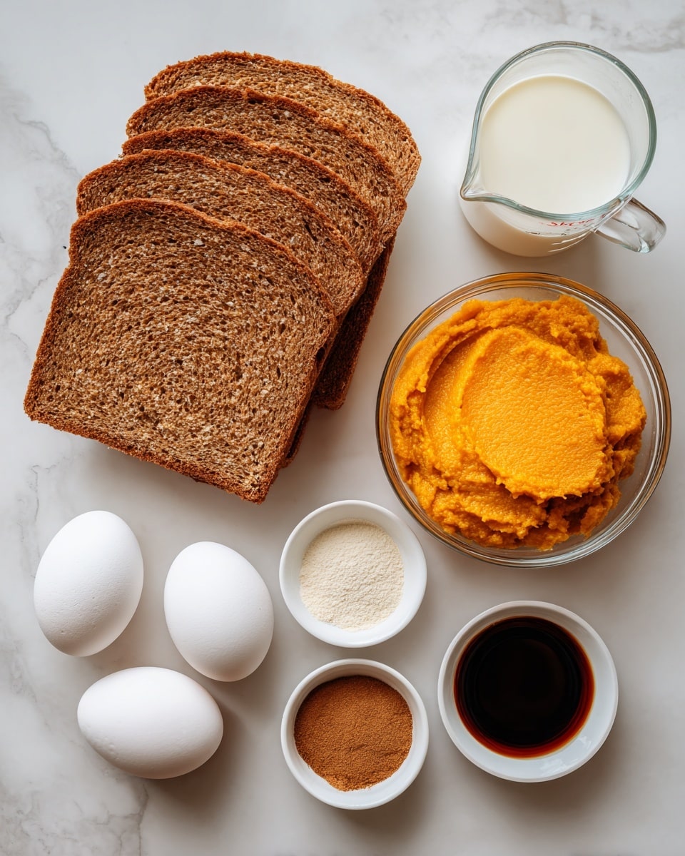Four slices of brown bread with a textured surface and browned edges are placed overlapping each other near the top of the image. Below the bread, from left to right, there are two white eggs with smooth shells, a clear glass bowl filled with bright orange pumpkin puree that has a soft, mashed texture, a clear glass measuring cup with white milk, a small white bowl with light brown cinnamon powder, and a small white bowl with dark brown vanilla extract. All items are arranged neatly on a white marbled surface. Photo taken with an iphone --ar 4:5 --v 7