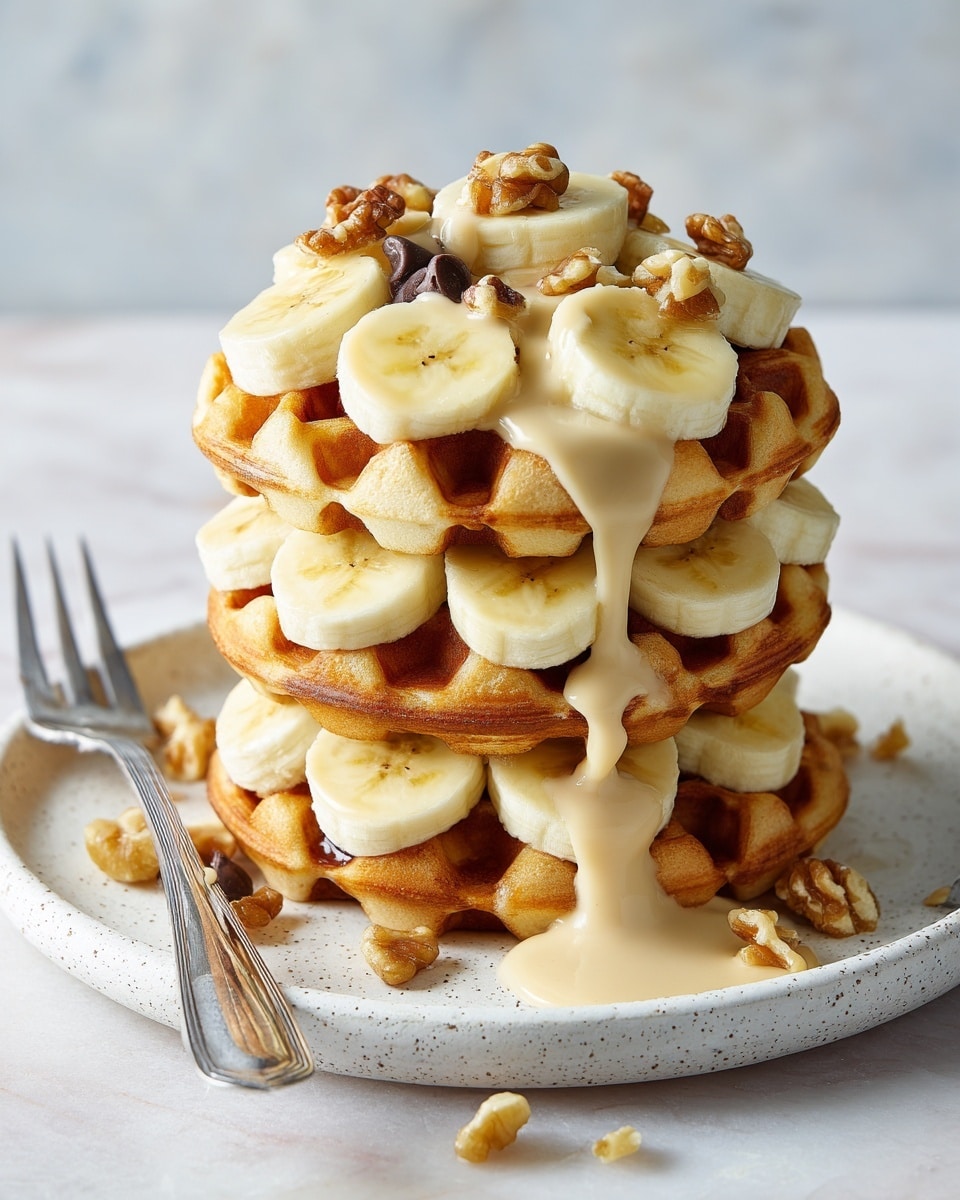 A tall stack of four golden brown waffles sits on a white speckled plate on a white marbled surface. Between each waffle layer are thick slices of white banana that peek out. The waffles are drizzled generously with creamy peanut butter sauce that runs down the sides. On top and between layers, dark brown chocolate chips and small pieces of walnuts add texture and contrast. The background is soft and white with a slight blur. photo taken with an iphone --ar 4:5 --v 7
