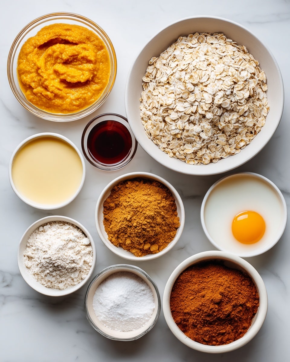 A collection of clear glass and white bowls arranged on a white marbled surface, each filled with different baking ingredients; a large white bowl in the center holds light beige oats with a rough texture, surrounded by smaller bowls containing smooth, bright orange pumpkin puree, pale yellow egg whites, two white eggs, light beige protein powder with a powdery texture, dark brown vanilla extract with a glossy surface, deep reddish-brown cinnamon and pumpkin pie spice powder, and a small amount of white baking powder and salt powder. Each ingredient is clearly separated and labeled in simple text. Photo taken with an iphone --ar 4:5 --v 7