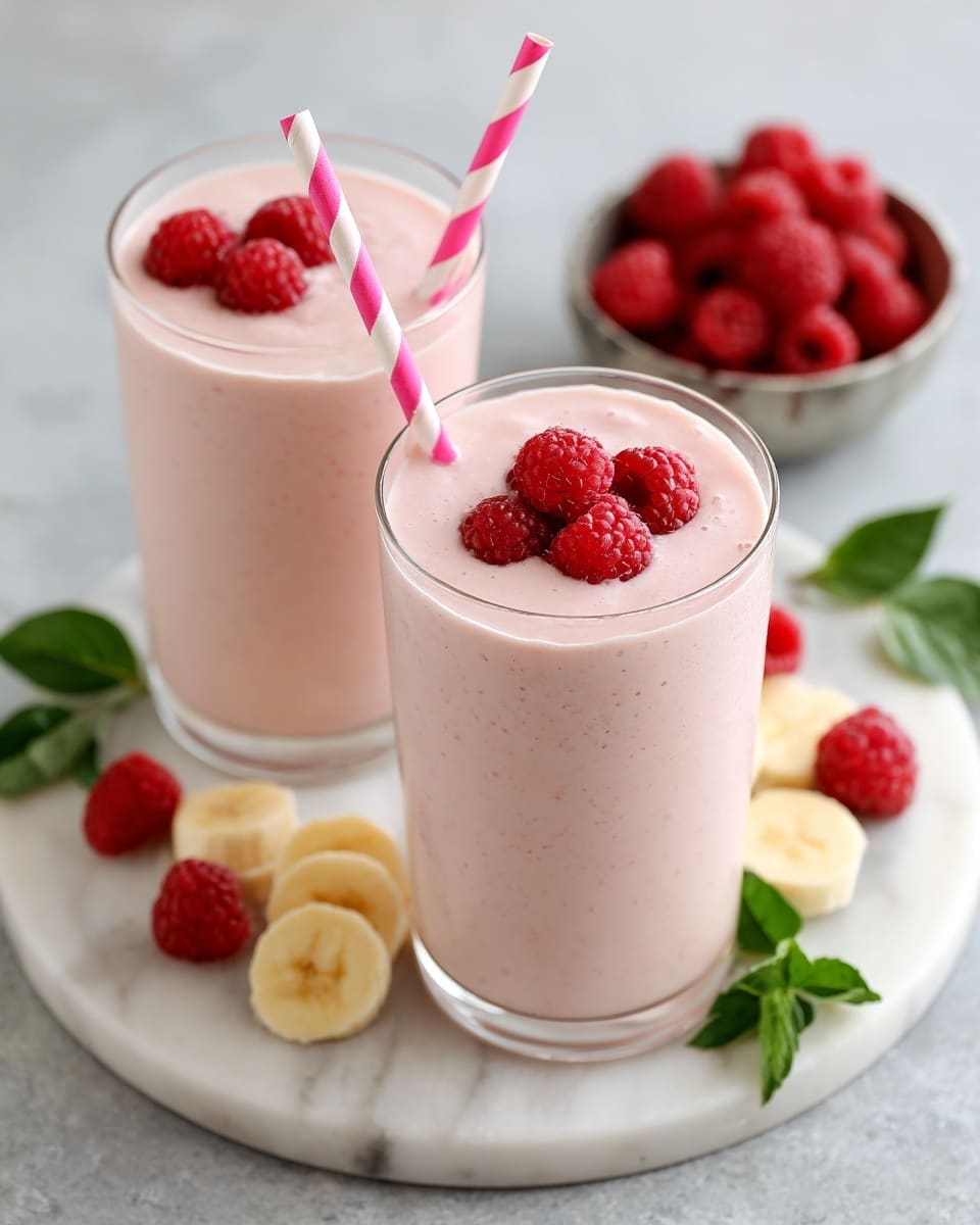 Two clear glasses are filled with a creamy pink smoothie, each topped with three bright red raspberries. One glass has a pink and white striped straw sticking out from the top. The glasses sit on a white marbled surface with a light gray slate tray underneath. Around the glasses are scattered fresh red raspberries and slices of pale yellow banana with soft brown centers. In the upper left corner, there is a small white bowl filled with more red raspberries. Near the back of the tray, two green leaves add a fresh touch. The photo taken with an iphone --ar 4:5 --v 7