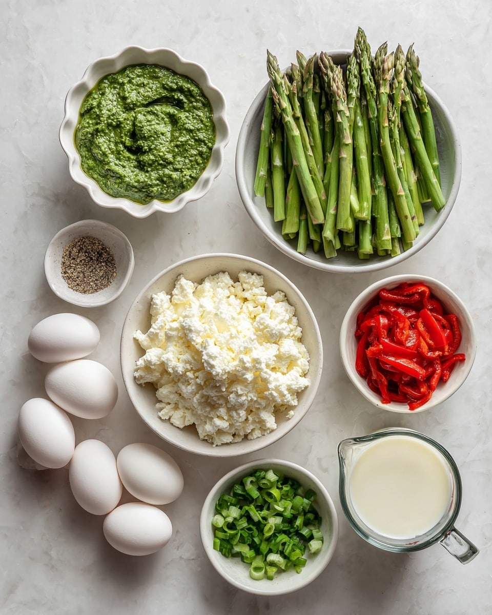 The image shows eight white dishes on a white marbled surface, each containing different ingredients. Starting from the top left, there is a small white bowl with a scalloped edge holding bright green pesto sauce, thick and textured. To the right, a larger white bowl is filled with chopped green asparagus, showing both tips and sliced stalks. Below the pesto bowl, a medium white bowl contains crumbly white feta cheese mixed with shredded white mozzarella, creating a soft, fluffy texture. To the right side, a small white bowl holds bright red roasted pepper strips, glossy and slightly wrinkled. Below the peppers, another small white bowl contains chopped green onions, cut into round thin slices. On the bottom left, four whole white eggs are placed in a loose group. Next to the eggs on the right, a clear glass measuring cup contains light cream-colored milk. Finally, near the bottom right corner, a tiny white dish holds coarse salt and ground black pepper, contrasting white and dark granules. All items are spaced evenly, and the background is a clean white marbled surface. photo taken with an iphone --ar 4:5 --v 7
