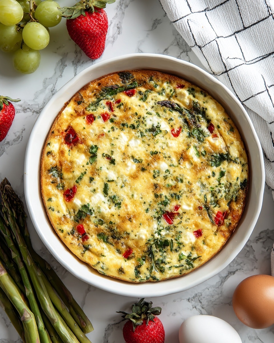 A round cheesy baked dish in a white scalloped ceramic pie dish, showing a golden brown top layer with melted cheese mixed with green herbs and asparagus pieces, and thin strips of red bell pepper spread evenly across the surface. The texture is creamy with some browned cheese spots and visible vegetable bits all underneath. The pie dish rests on a white marbled surface surrounded by fresh green asparagus stalks, white eggs, green grapes, and a single red strawberry, with a white cloth featuring black grid lines in the background. photo taken with an iphone --ar 4:5 --v 7