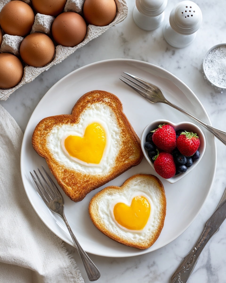 A white plate on a white marbled surface holds a slice of toasted brown bread as the base layer, with a heart-shaped fried egg on top showing a bright yellow yolk in the center and white edges. Next to the toast, a small white heart-shaped bowl is filled with fresh red strawberries and dark blue blueberries. Below the toast and bowl, a second heart-shaped fried egg sits directly on the plate. A silver fork and knife rest above the toast on the plate. In the background, a carton of brown eggs, white salt and pepper shakers, and a white cloth are visible. Photo taken with an iphone --ar 4:5 --v 7