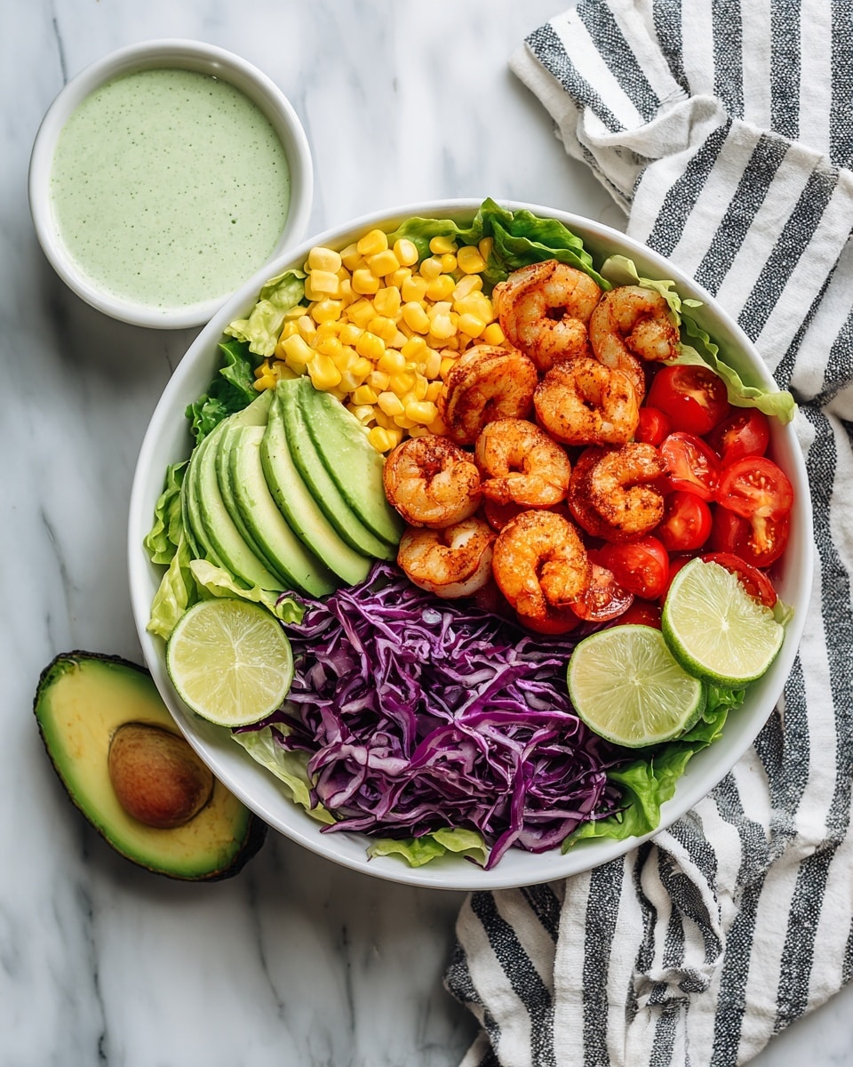 A white bowl sits on a white marbled surface filled with six clear layers arranged side by side. The bottom layer is dark green lettuce leaves. On top of the lettuce, the layers include bright yellow corn kernels in the bottom left, light green thin avocado slices next to the corn, dark purple shredded cabbage above the avocado, bright red halved cherry tomatoes in the bottom right, and golden brown cooked shrimp in the top right corner. Two lime wedges are placed on the edge of the bowl near the shrimp. A white bowl of green dressing with a creamy texture and a halved avocado sit nearby, along with a white cloth with black stripes. Photo taken with an iphone --ar 4:5 --v 7
