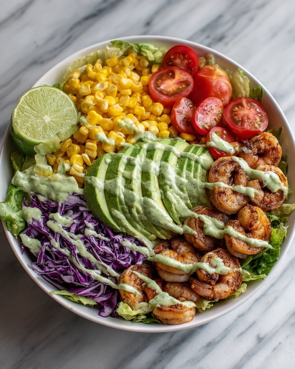A white bowl filled with a colorful salad sits on a white marbled surface. At the center top are golden-brown cooked shrimp with a green creamy sauce drizzled on top. To the left are bright purple shredded cabbage, next to lime wedges. Below the shrimp and cabbage is a fan of neatly sliced light green avocado with more green sauce on it. To the right, there are halved red cherry tomatoes, and below them is a pile of yellow corn kernels over green lettuce leaves. The salad is fresh and vibrant, with each ingredient clearly separated. Photo taken with an iphone --ar 4:5 --v 7