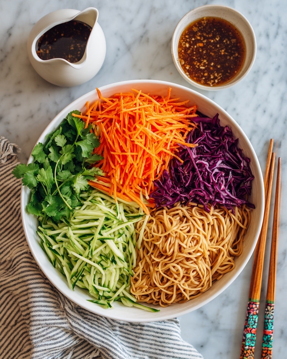 A white bowl filled with four main layers arranged side by side: light brown noodles at the bottom right, finely shredded green cucumber next to the noodles on the right, bright orange shredded carrots at the top center, and deep purple shredded cabbage on the top left. There is a small bunch of green cilantro leaves placed next to the noodles on the left. A small white sauce pitcher with a dark brown chunky sauce is placed above the bowl on a white marble surface. At the bottom right, three pairs of wooden chopsticks with colorful patterned handles rest on a striped cloth. Photo taken with an iphone --ar 4:5 --v 7