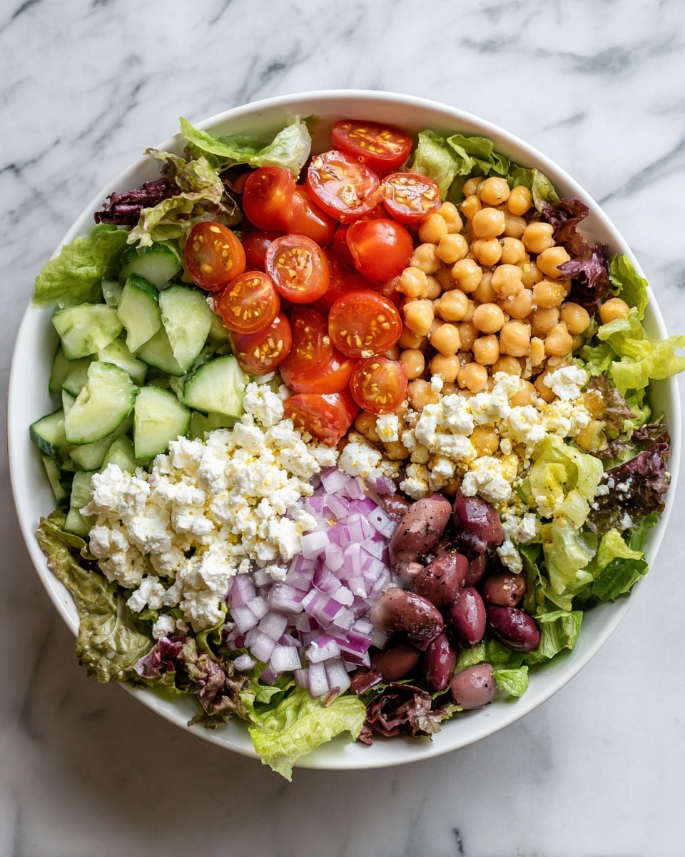 A white bowl filled with a fresh salad arranged in layers starting with a base of mixed green and purple leafy lettuce. On top, bright red cherry tomatoes are sliced in half and placed near the center. To the left, chunky slices of light green cucumber add texture. Creamy white crumbles of cheese sit below the tomatoes, while light beige chickpeas cluster to the right. At the bottom, small pieces of diced purple-red onion add a sharp contrast. Dark purple olives rest next to the onions on the right side. The bowl sits on a white marbled surface. photo taken with an iphone --ar 4:5 --v 7