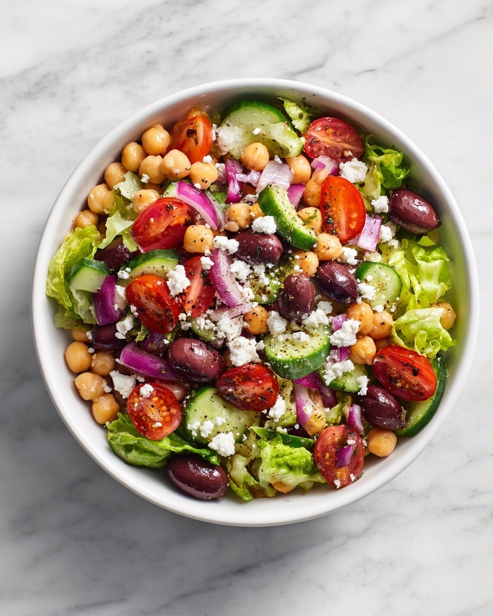 A white bowl filled with a colorful salad showing many layers: the base layer is green leafy lettuce with some purple-red lettuce mixed in, then light tan chickpeas spread evenly around, bright red halved cherry tomatoes, dark purple olives, thick green cucumber slices, and diced pale purple onions scattered on top. Small white crumbly bits of cheese are sprinkled all over, adding texture contrast. The bowl sits on a white marbled surface. photo taken with an iphone --ar 4:5 --v 7