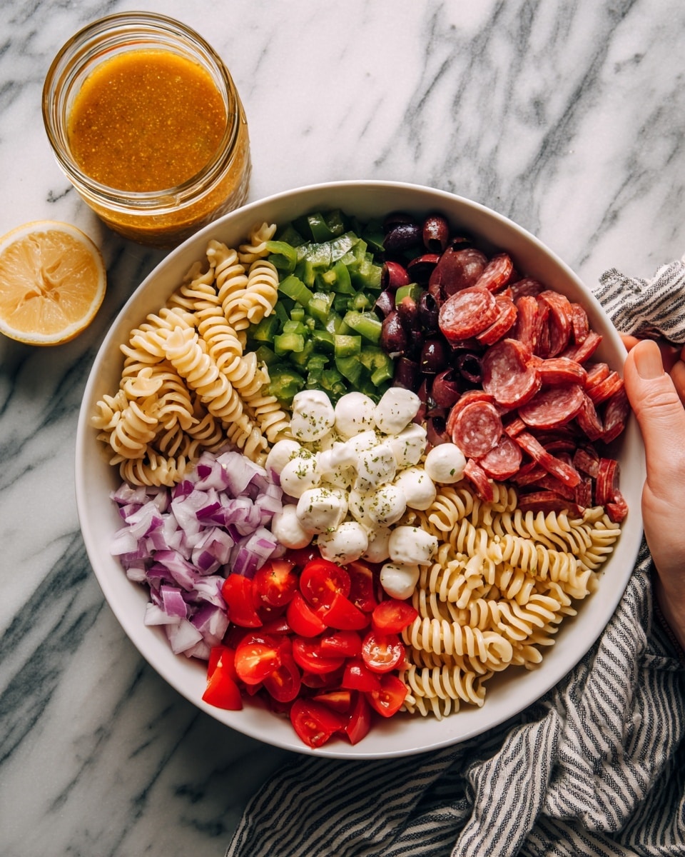 A round white bowl on a white marbled surface holds layers of food arranged in sections. Starting at the bottom and moving clockwise: beige spiral pasta covers most of the base; plump red grape tomatoes cut in halves create one section; small white mozzarella balls fill the next area; bright green chopped bell peppers take up another segment; finely chopped purple onions form a small middle section; dark purple-black olive pieces sit beside the onions; thin slices of pinkish-brown salami are laid near the olives; lastly, cubed red bell peppers complete the circle. A jar of orange dressing with herbs and a lemon wedge are near the bowl, and a woman’s hand holds a striped cloth napkin to the right. Photo taken with an iphone --ar 4:5 --v 7