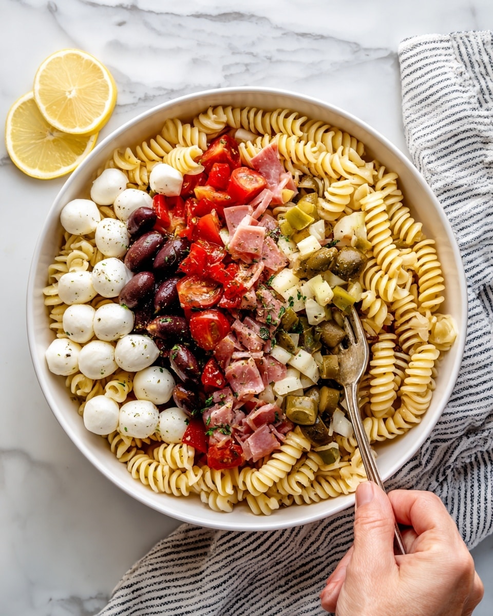 A white bowl sits on a white marbled surface, filled with a pasta salad showing about five layers of ingredients mixed together: pale yellow spiral pasta forms the base layer, with bright red cherry tomatoes, dark purple olives, and small white mozzarella balls spread evenly throughout. There are also pieces of green and orange bell peppers, small bits of red onion, and thin slices of reddish salami scattered across. Fresh green herbs are sprinkled on top, adding a touch of freshness. A silver fork rests inside the bowl at the upper right side. A white and black striped cloth is partially visible at the bottom right corner, and a lemon wedge sits on the marbled surface near the bowl. Photo taken with an iphone --ar 4:5 --v 7