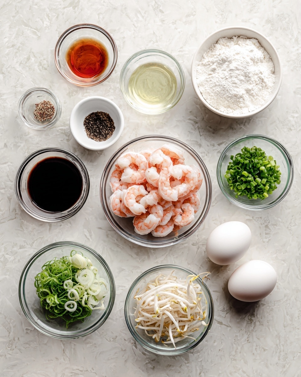 The image shows a white marbled surface with several small clear glass bowls arranged neatly. There are two white eggs on the right side, a medium bowl in the center filled with peeled pink shrimp, and a large clear bowl with flour on its right. Smaller bowls contain light brown liquid, green chopped herbs, white chopped onions, dark soy sauce, white bean sprouts, clear cooking oil, and black pepper. The layout is clean and organized, with all ingredients clearly visible. photo taken with an iphone --ar 4:5 --v 7