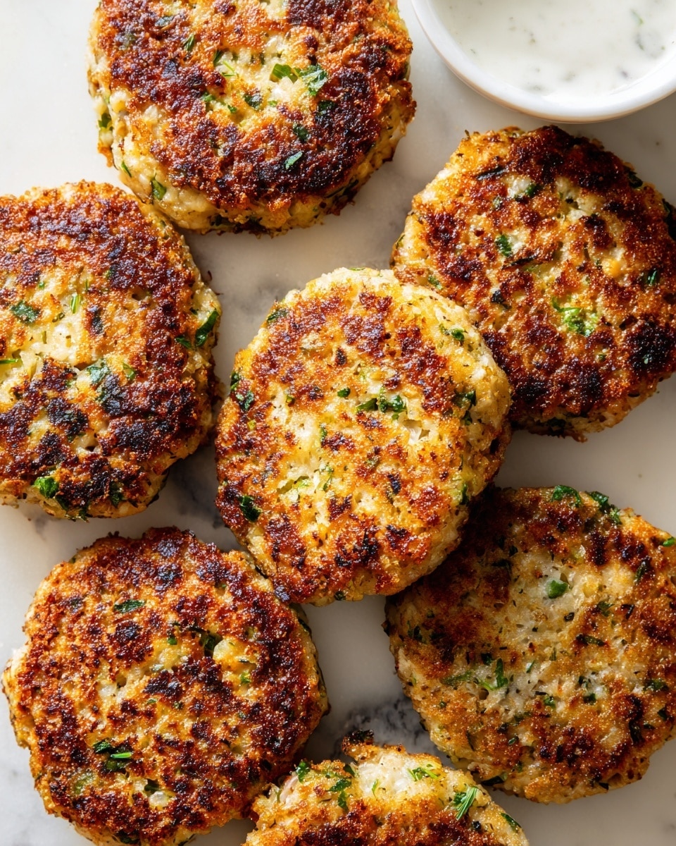 The image shows several round, golden brown patties with a slightly crispy, uneven texture on top, suggesting they are well-cooked. Each patty has small green herb pieces scattered inside and on the surface, adding color contrast. They are arranged closely together on a white plate set on a white marbled surface, with tiny green herb garnishes sprinkled around them. Part of a white bowl with a creamy white sauce is visible at the corner of the plate. The warm tones of the patties contrast with the clean white of the plate and background, creating a cozy and tasty look photo taken with an iphone --ar 4:5 --v 7