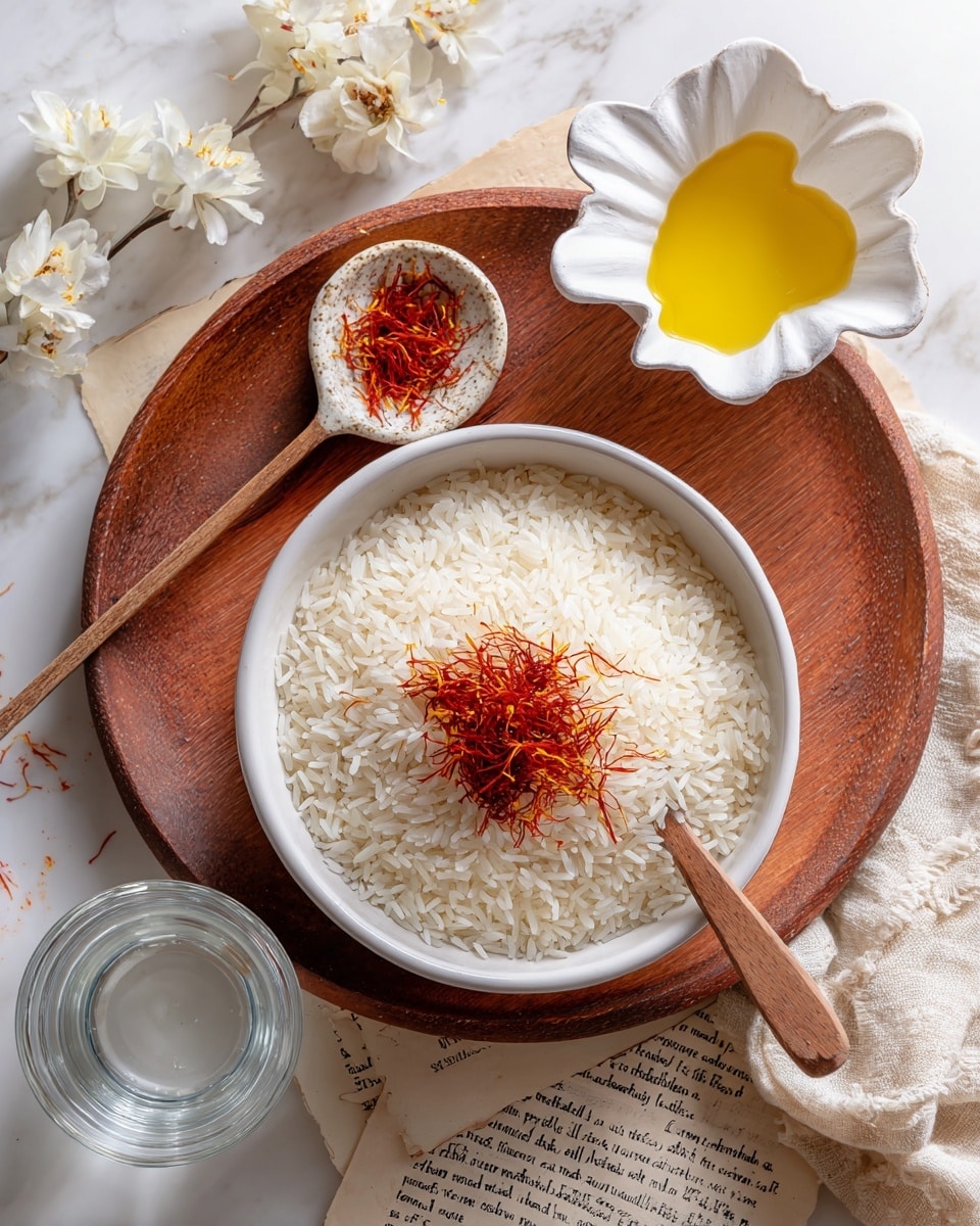 The image shows a white bowl filled with uncooked white rice, placed on a wooden board with a reddish-brown color. Inside the bowl, on the rice, there is a small rustic white dish containing orange-red dried saffron threads. A wooden spoon with white salt rests on the edge of the bowl. Above the bowl, there is a white flower-shaped dish holding yellow liquid, likely oil. To the right of the bowl, there is a crumpled beige cloth. Below the bowl, a clear glass of water is visible. The whole scene is set on a white marbled surface with small text paper partially visible under the wooden board. Photo taken with an iphone --ar 4:5 --v 7
