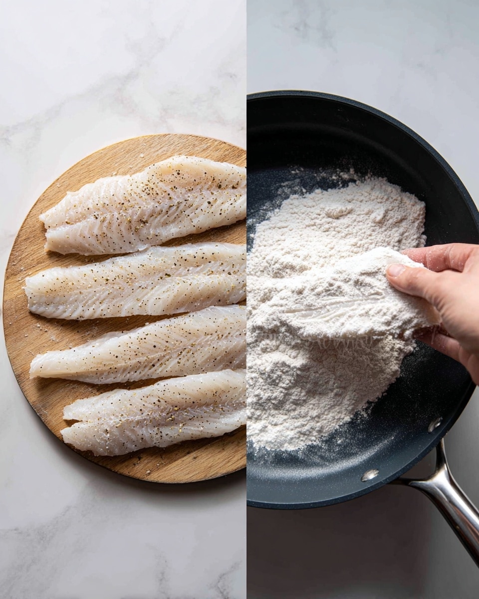 The image shows two scenes side by side. On the left, there are several raw white fish fillets laid out on a wooden surface, each fillet sprinkled with black pepper and seasoning, with a soft, moist texture visible. On the right, a woman's hand is holding one of these fillets coated in a light, powdery white flour mixture, lifting it into a black non-stick frying pan on a stove. The fillet's irregular edges and slightly translucent quality are clear, while the frying pan has a smooth, dark grey interior and a shiny metal handle. The background features a clean white marbled texture surface. Photo taken with an iphone --ar 4:5 --v 7