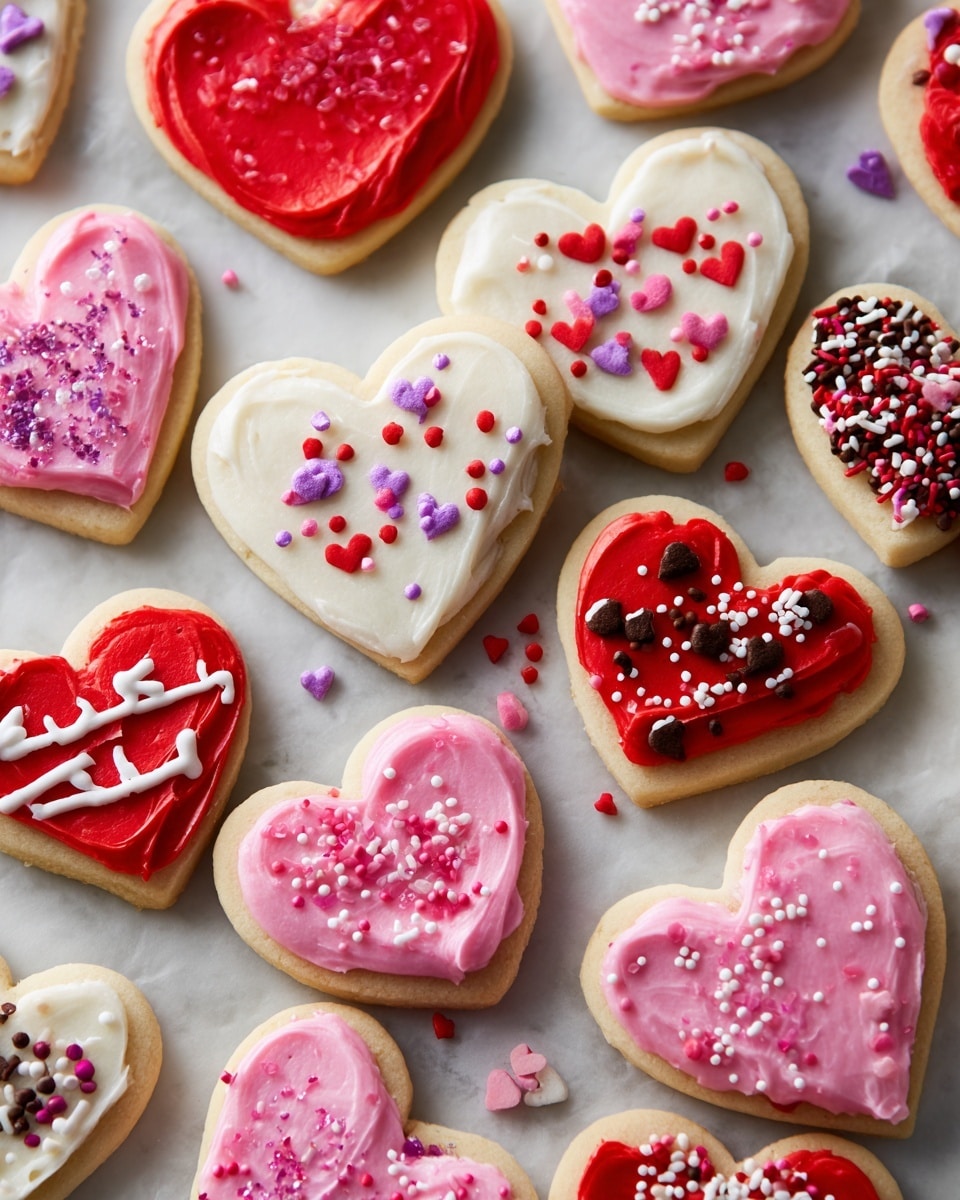 The image shows a group of heart-shaped and arrow-shaped sugar cookies laid out on a white marbled surface. Each cookie has one thick layer of smooth icing in bright colors: red, white, or pink. On top of the icing, there are small sprinkles in various shapes like hearts and rods, in colors such as purple, red, white, and pink, scattered evenly across the surface. The arrow cookies are decorated with red icing and topped with chocolate sprinkles and tiny heart sprinkles. The cookies are spread out and some sprinkle bits are also scattered on the surface around them. photo taken with an iphone --ar 4:5 --v 7