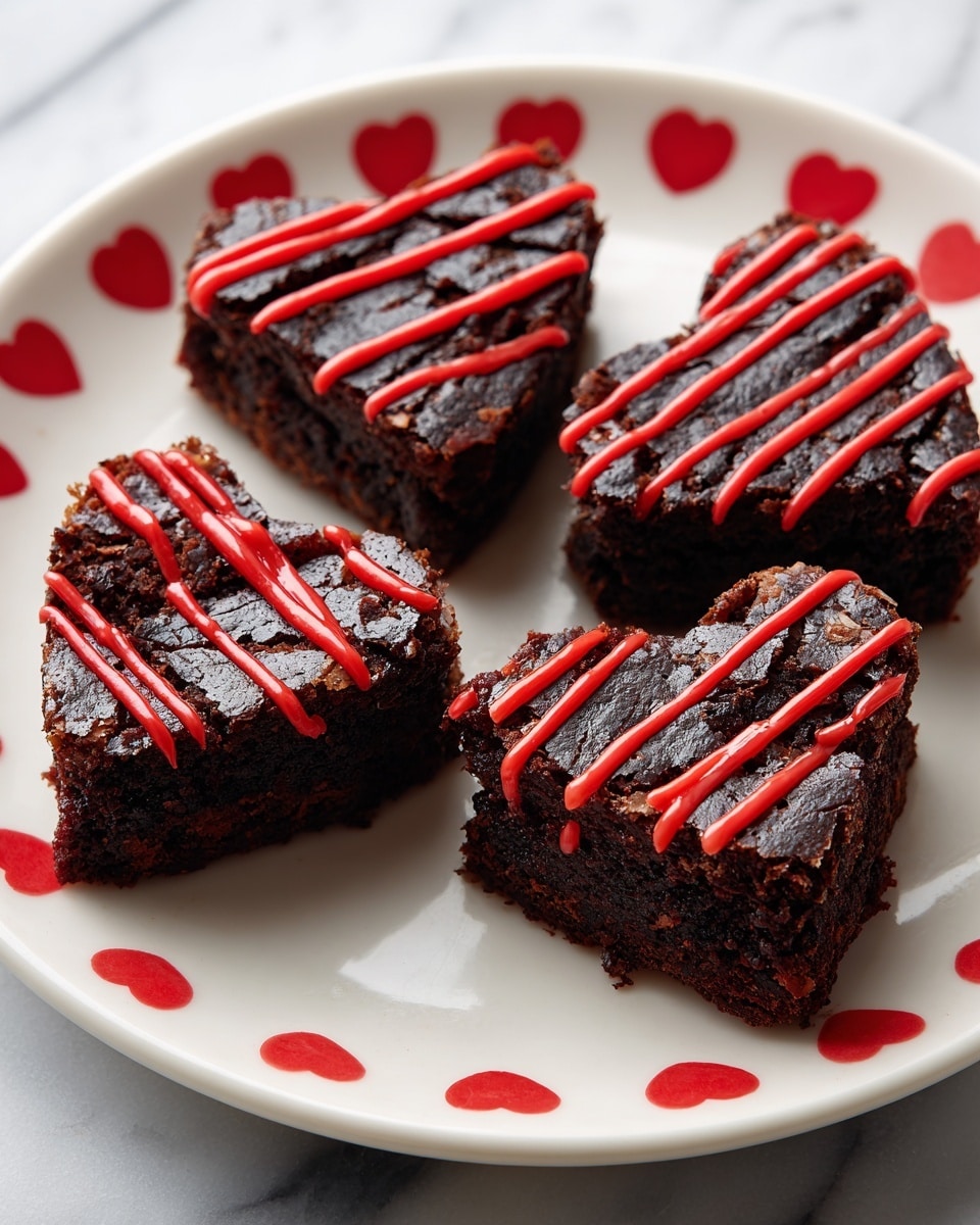 Four heart-shaped dark brown brownies with a rough, fudgy texture are arranged on a white plate decorated with bright red polka dots. Each brownie is topped with thin, bright red icing drizzled in parallel lines across the top, giving a festive look. The plate sits on a white marbled surface, and the image is lit with soft natural light to highlight the rich color and texture of the brownies. Photo taken with an iphone --ar 4:5 --v 7
