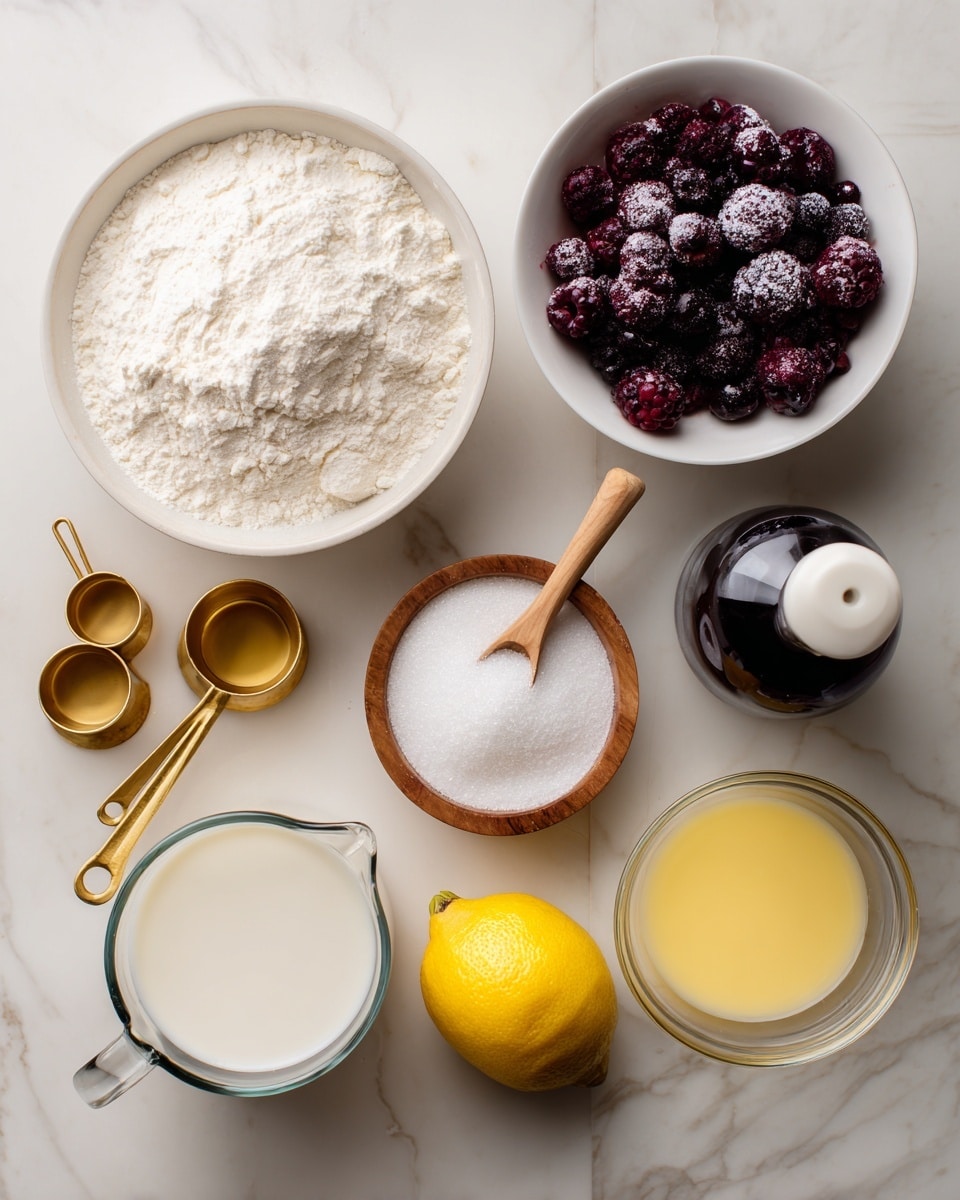 The image shows a top view of baking ingredients arranged neatly on a white marbled surface. At the top right, there is a white bowl filled with frozen mixed berries, mainly dark purple and red with frosty texture. Moving left from the bowl are four gold measuring cups stacked vertically, filled with white flour, sugar, a small amount of white powder, and more sugar. Below the bowl of berries is a small wooden bowl holding white granulated sugar with a small wooden scoop resting on it. In the center, there is a dark bottle with a white cap, likely vanilla. Below this, a bright yellow lemon sits alone. The bottom left has a clear glass measuring cup with white milk, next to a small clear bowl filled with yellow melted butter. Photo taken with an iphone --ar 4:5 --v 7
