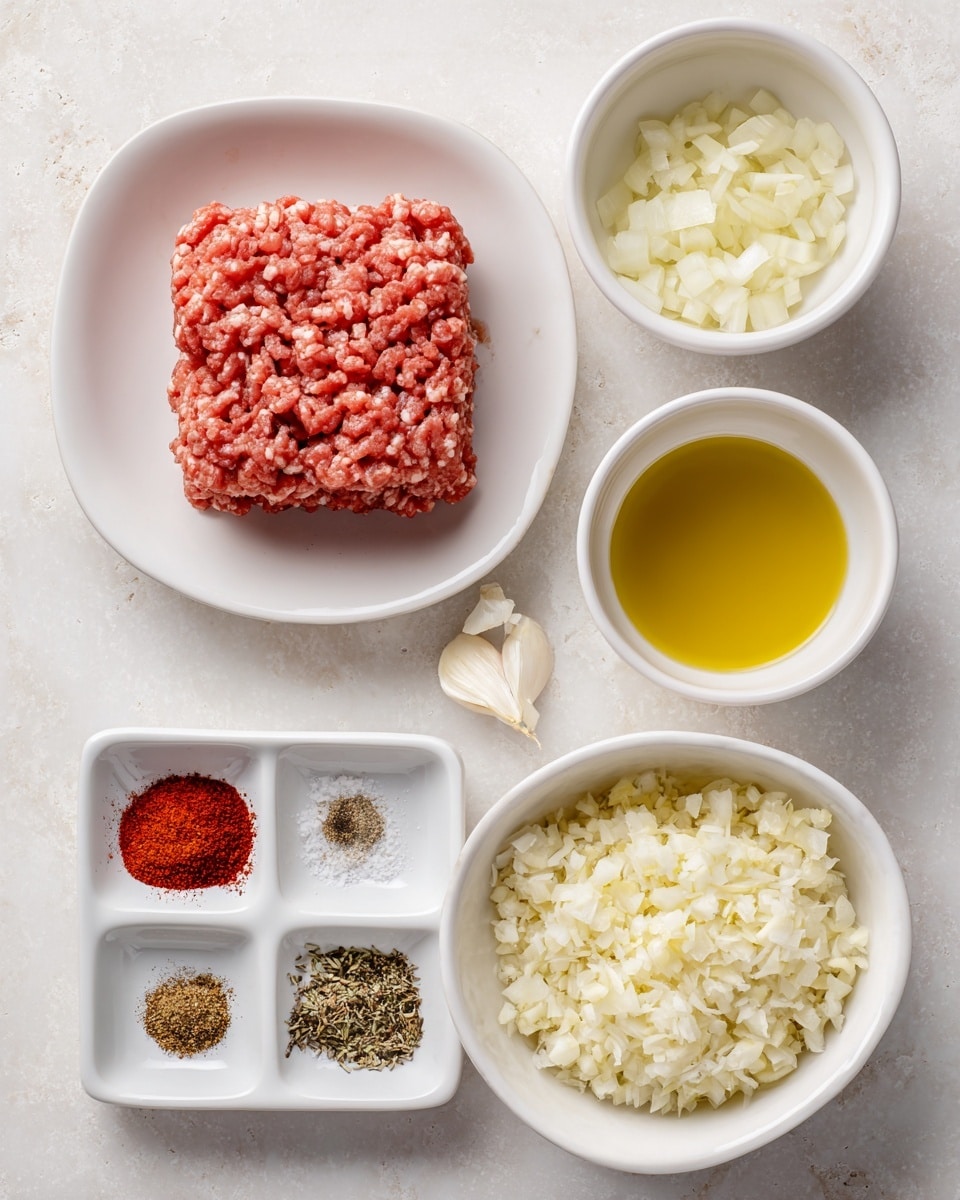 The image shows a flat lay of ingredients on a white marbled surface for making kebab. At the bottom left is a small rounded square white bowl with five neatly arranged spices that include red paprika, black pepper, salt, dried oregano, and cumin. Above this bowl, the center left holds a white plate with a thick, square pile of raw ground lamb or mutton colored pink and textured with small meat strands. At the bottom right, a larger white bowl contains finely chopped or grated onion in pale yellow-white clumps. Slightly above this bowl and to the right, there is a small white bowl filled with finely chopped garlic cloves in light yellow pieces. At the top center is a rounded square white bowl with a shallow pool of olive oil, pale gold in color. The overall setup is clean and organized with each ingredient in its own bowl or plate. Photo taken with an iphone --ar 4:5 --v 7