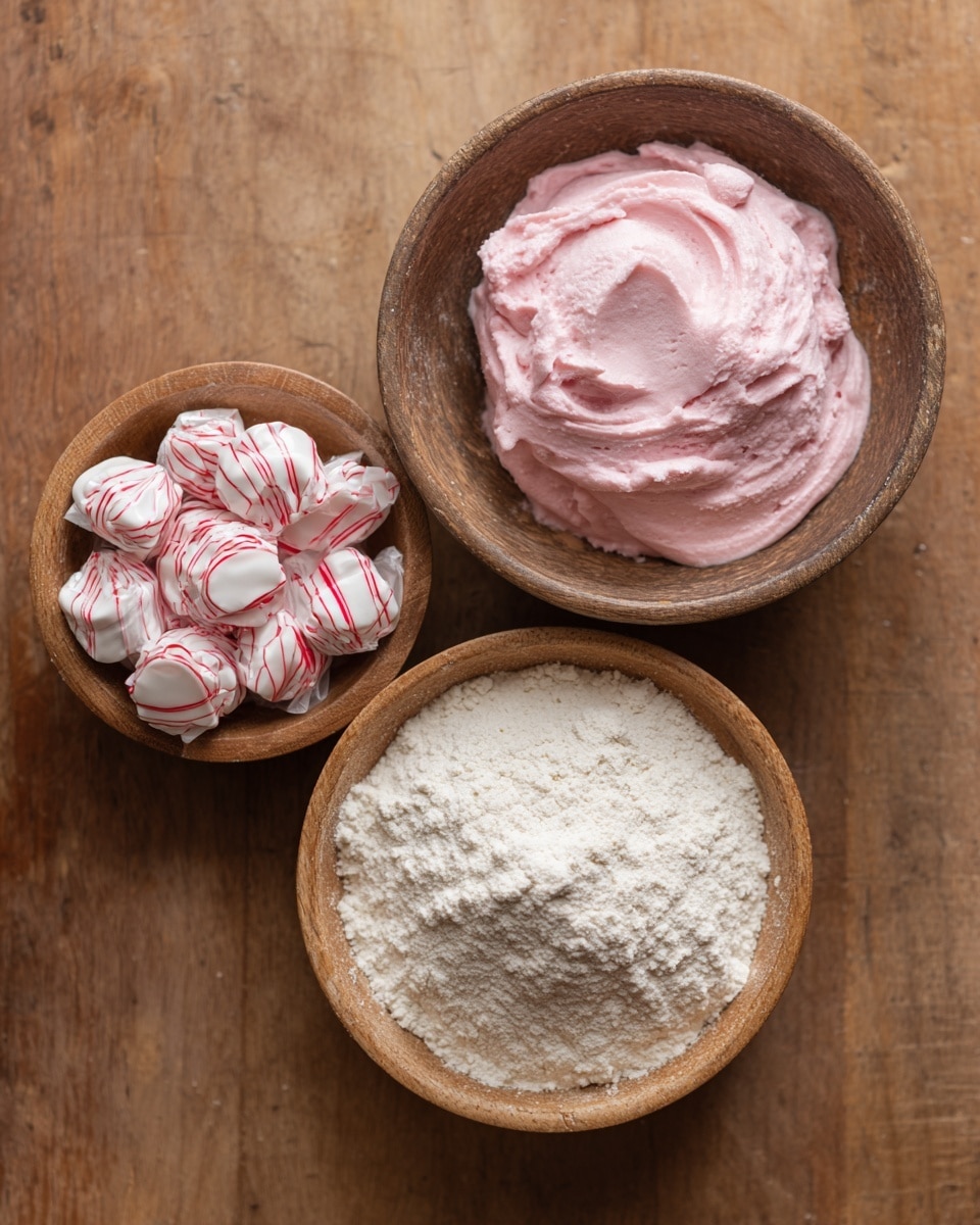 A top view of three bowls on a wooden surface, each holding different ingredients. The top right bowl is filled with smooth, soft pink peppermint ice cream with visible gentle swirls and folds. Below it on the right is a bowl containing a mound of fine, white self-rising flour with a slightly cracked surface texture. To the left is a smaller wooden bowl filled with individually wrapped white peppermint candies accented with red stripes. The bowls are neatly arranged with visible clear separation between each, and the whole scene is bright and clear with natural lighting. photo taken with an iphone --ar 4:5 --v 7