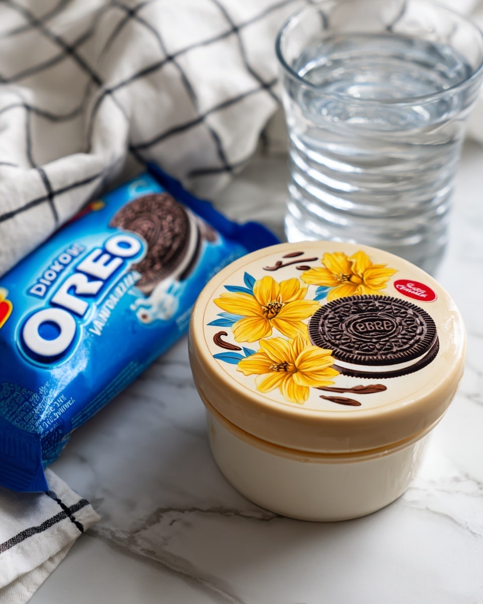 A close-up image shows a container of Chobani Greek Yogurt Vanilla flavor with a beige lid decorated with yellow vanilla flowers and brown vanilla pods. Next to it is a blue package of Double Stuf Oreo cookies with white and red accents, showing an Oreo cookie with extra white filling. The items are placed on a white marbled surface, accompanied by two clear drinking glasses stacked on top of each other, and a white cloth with a black grid pattern folds softly in the background. photo taken with an iphone --ar 4:5 --v 7