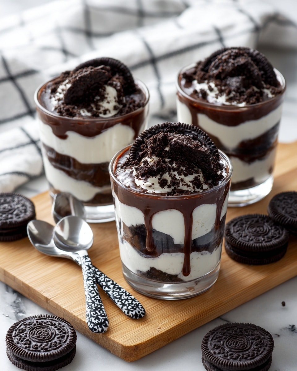 Three clear glass cups each hold two layers: a thick, smooth white cream base and a top layer of dark brown, crushed cookie pieces with a drizzle of dark chocolate sauce. The cups sit on a round wooden board placed on a white marbled surface with a white cloth that has a black grid pattern behind them. Around the board, there are a few whole round dark cookies and two white spoons with black squares on their handles. Photo taken with an iphone --ar 4:5 --v 7