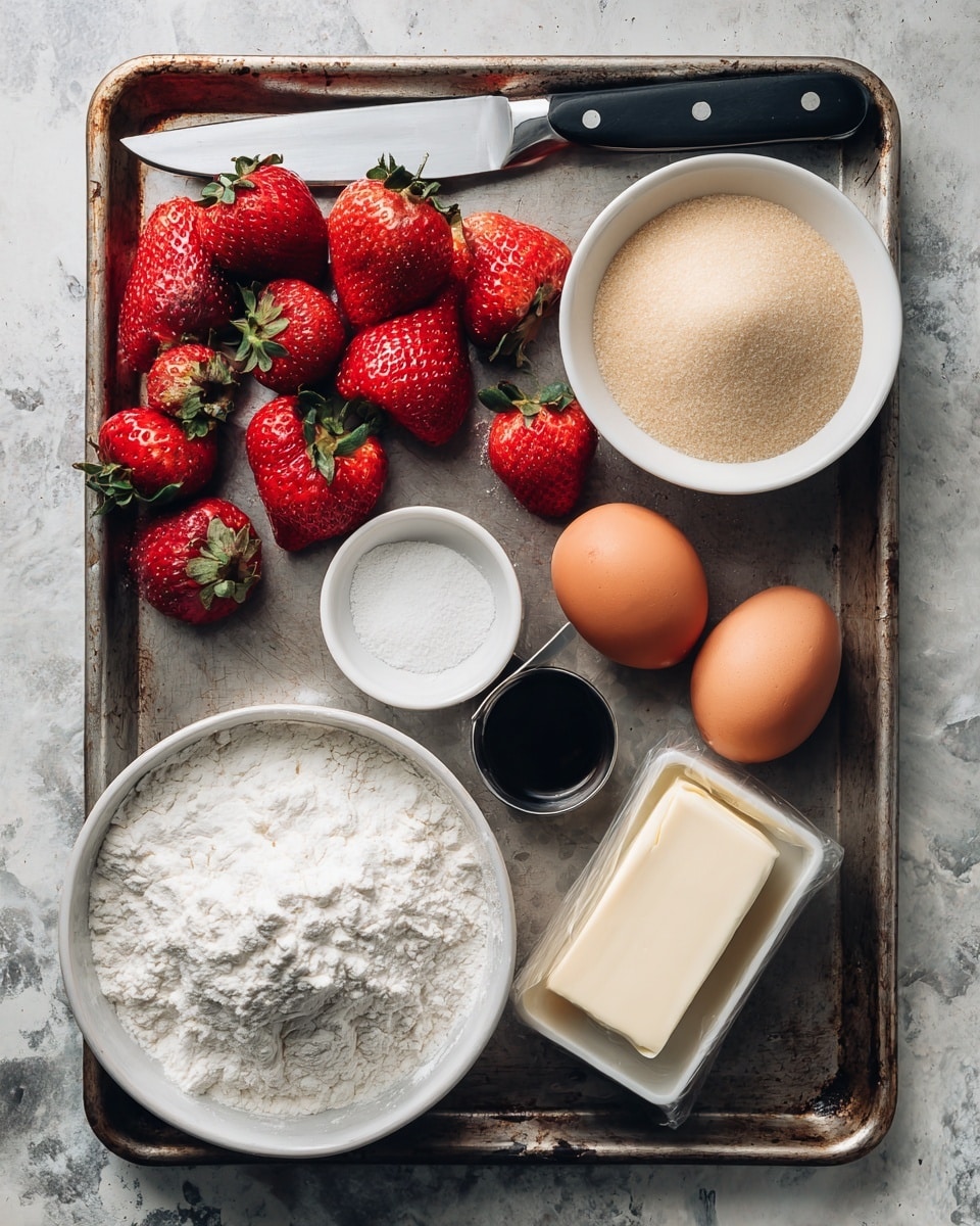 On a metal tray with a white marbled texture underneath, there are fresh red strawberries, some whole and some sliced in half, placed on the top left. A knife with a black handle lies diagonally next to the strawberries. Below them are two white bowls, one filled with light brown sugar and the other with white flour. To the right of the flour bowl, two brown eggs rest side by side. Above the eggs is a small block of wrapped butter. Near the butter and eggs, there is a small black measuring spoon with a dark liquid inside, and below it, a small white bowl holds a white powder, likely baking powder. The whole setup looks ready for baking preparation. photo taken with an iphone --ar 4:5 --v 7