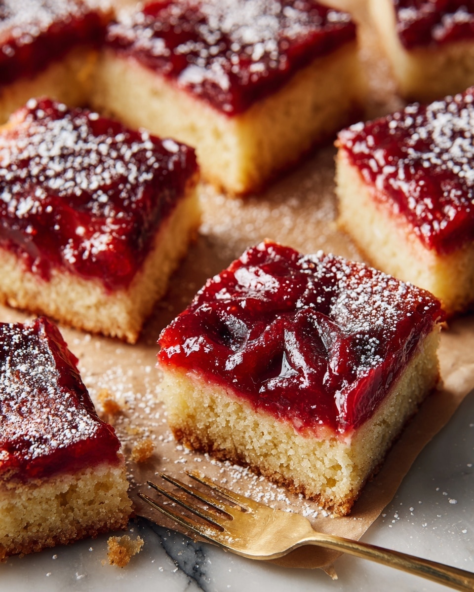 A close-up of a square fruit dessert with one piece separated from the rest, showing two layers: a golden brown cake base and a top layer of shiny, soft red fruit slices, dusted lightly with white powdered sugar. The dessert pieces are placed on a light brown parchment paper over a white marbled surface, with a golden fork holding a small piece near the bottom right. The fruit topping has a slightly wrinkled texture with bright red and dark pink hues, contrasting with the smooth, dense cake layer underneath. photo taken with an iphone --ar 4:5 --v 7