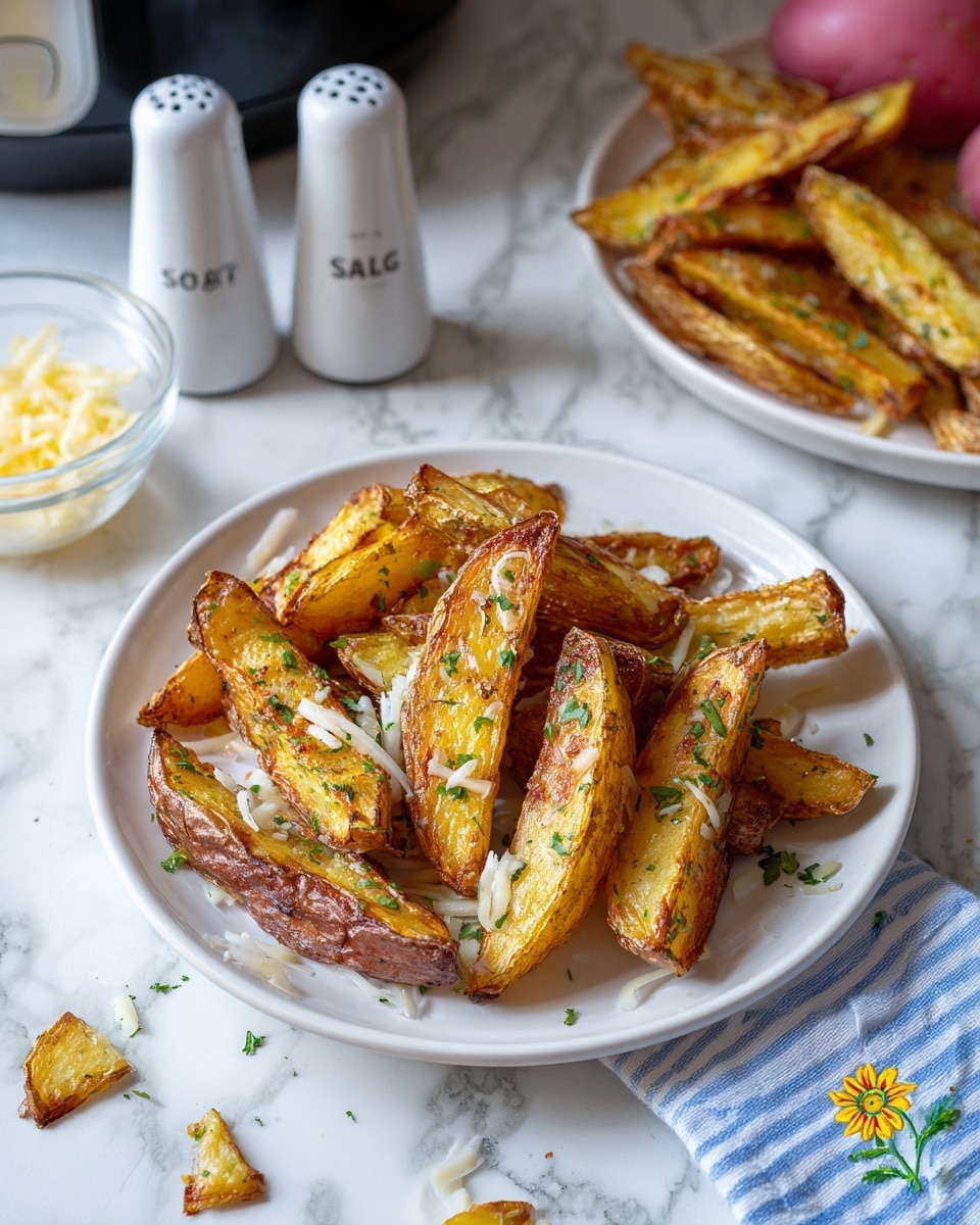 A white plate holds a pile of golden brown potato wedges with some crispy edges and a light sprinkling of green herbs and thin shreds of cheese on top. The potato wedges have a rough, slightly charred texture and are stacked with some overlapping. The plate is placed on a white marbled surface scattered with a few raw, red-skinned potato pieces around it. In the softly blurred background, there is a large white bowl filled with more potato wedges, two white salt and pepper shakers, a whole raw red potato, a small glass bowl with shredded cheese, and part of a black air fryer. Photo taken with an iphone --ar 4:5 --v 7