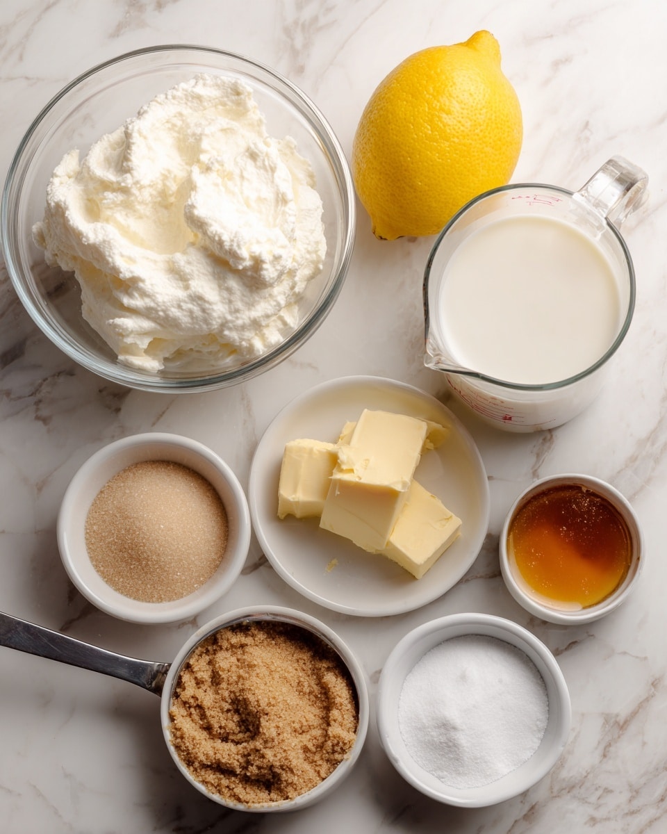 The image shows various ingredients placed on a white marbled surface. There is a clear glass bowl on the left side holding a mound of white creamy cheese. Behind it, a transparent measuring cup contains about two cups of milk. To the right, a whole yellow lemon sits next to a metal measuring cup filled with light brown sugar. Surrounding these are four small white bowls: one has light beige granulated sugar, another contains a golden honey-like liquid, a third holds a chunk of yellow butter, and the last bowl is filled with white powdered sugar. The arrangement is neat, with all items clearly visible, giving a clean and fresh look. Photo taken with an iphone --ar 4:5 --v 7