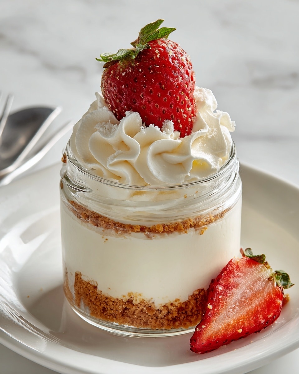 A small glass jar is filled with three main layers: the bottom layer is a thin, crumbly light brown base, the middle layer is thick, smooth white cream swirled softly in waves that fill most of the jar, and the top layer is a generous swirl of whipped cream with a creamy texture. A halved bright red strawberry with green leaves is placed on top at an angle. The jar sits on a white plate, and the background is a white marbled texture. Photo taken with an iphone --ar 4:5 --v 7