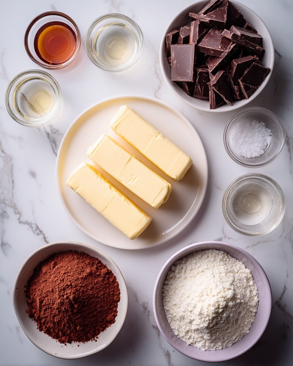 The image shows ingredients for baking arranged on a white marbled surface. In the center, a white plate holds three rectangular sticks of pale yellow butter, placed side by side. To the right, a white bowl is filled with small irregular pieces of dark brown chocolate. Below it, a light purple bowl is filled with a fine white powder, likely flour. On the left side, a white bowl contains reddish-brown cocoa powder with some light specks. Surrounding the central plate are small glass bowls: one with a clear liquid which could be water or oil, another with a reddish-brown liquid, a third with more clear liquid, and a small bowl holding white salt. The ingredients are neatly spaced and ready for mixing. Photo taken with an iphone --ar 4:5 --v 7