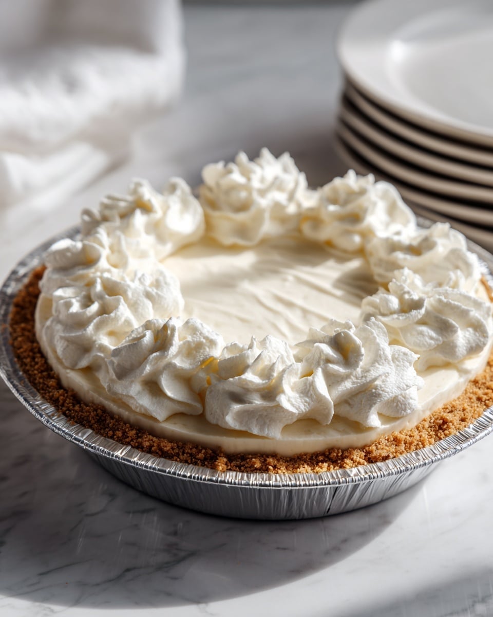 The image shows a pie in a silver foil pan with three layers: the bottom layer is a light brown crumbly crust, the middle layer is smooth and creamy white, and the top layer is fluffy white whipped cream shaped in large dollops around the edge and spread smoothly in the center. The pie is placed on a white marbled surface, and to the right, there is a small stack of white plates partially shown. Soft natural light highlights the texture of the whipped cream and crust. Photo taken with an iphone --ar 4:5 --v 7
