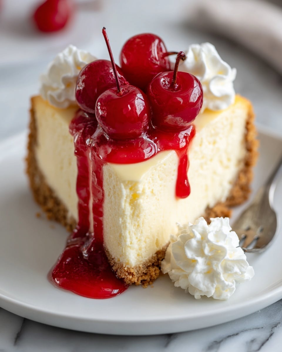 A slice of creamy light yellow cheesecake sits on a white plate with a crumbly golden brown crust forming the base layer. On top, there is a thick layer of smooth cheesecake filling, followed by a white whipped cream decoration on one side. Bright red cherries with glossy surfaces are placed on the whipped cream, with a few cherries slightly spilling their thick, shiny red syrup down the front side of the cheesecake. The plate rests on a white marbled surface, with a silver fork lying nearby. Photo taken with an iphone --ar 4:5 --v 7