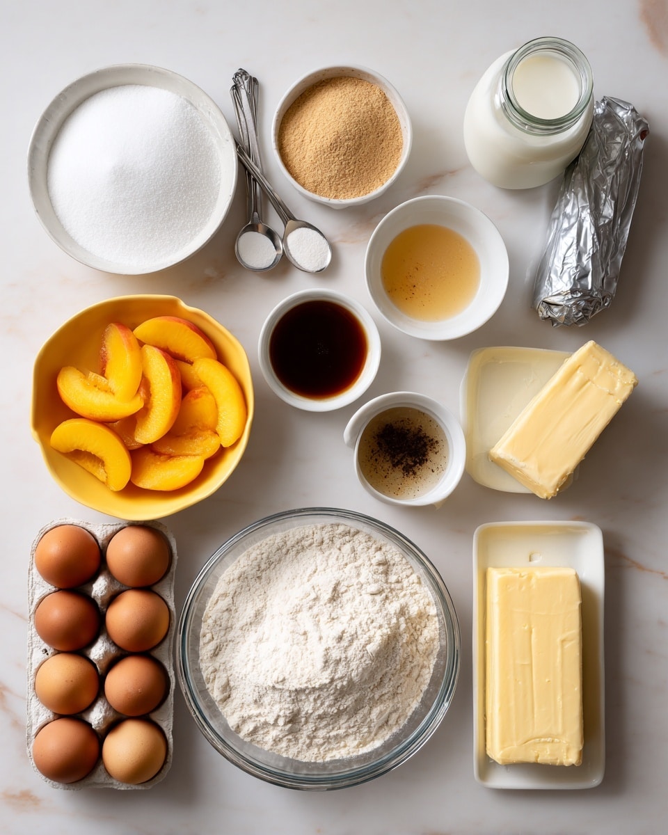 The image shows a top-down view of baking ingredients placed on a white marbled surface. There is a large clear glass bowl at the bottom center filled with white flour, above it to the left is a yellow bowl holding sliced orange peaches. Above the yellow bowl are two silver measuring spoons with brown and light brown powders. At the top center is a medium white bowl filled with white granulated sugar. To its right, there is a small glass jar with milk and next to it a silver-wrapped block of cream cheese. Below the jar, a small white bowl contains light brown vanilla liquid with black specks. Near the vanilla bowl is another small white bowl holding dark brown sugar. At the bottom right corners are two sticks of yellow butter. On the left side near the bottom, there is an open carton holding brown eggs. Each item is neatly arranged, all with clear textures, and the background is smooth and clean. Photo taken with an iphone --ar 4:5 --v 7