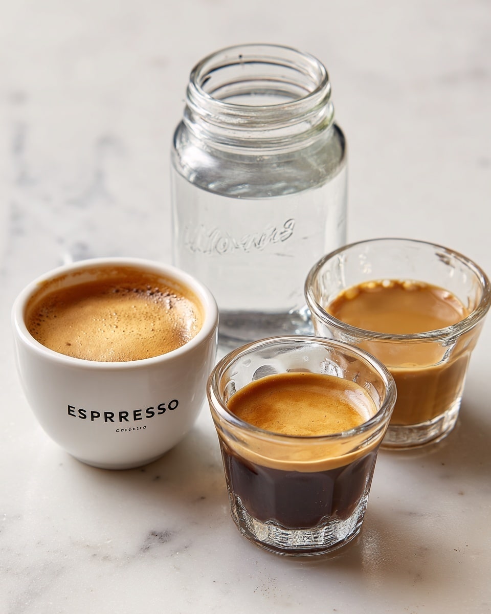 The image shows three small cups on a white marbled surface. On the left, there is a white cup labeled