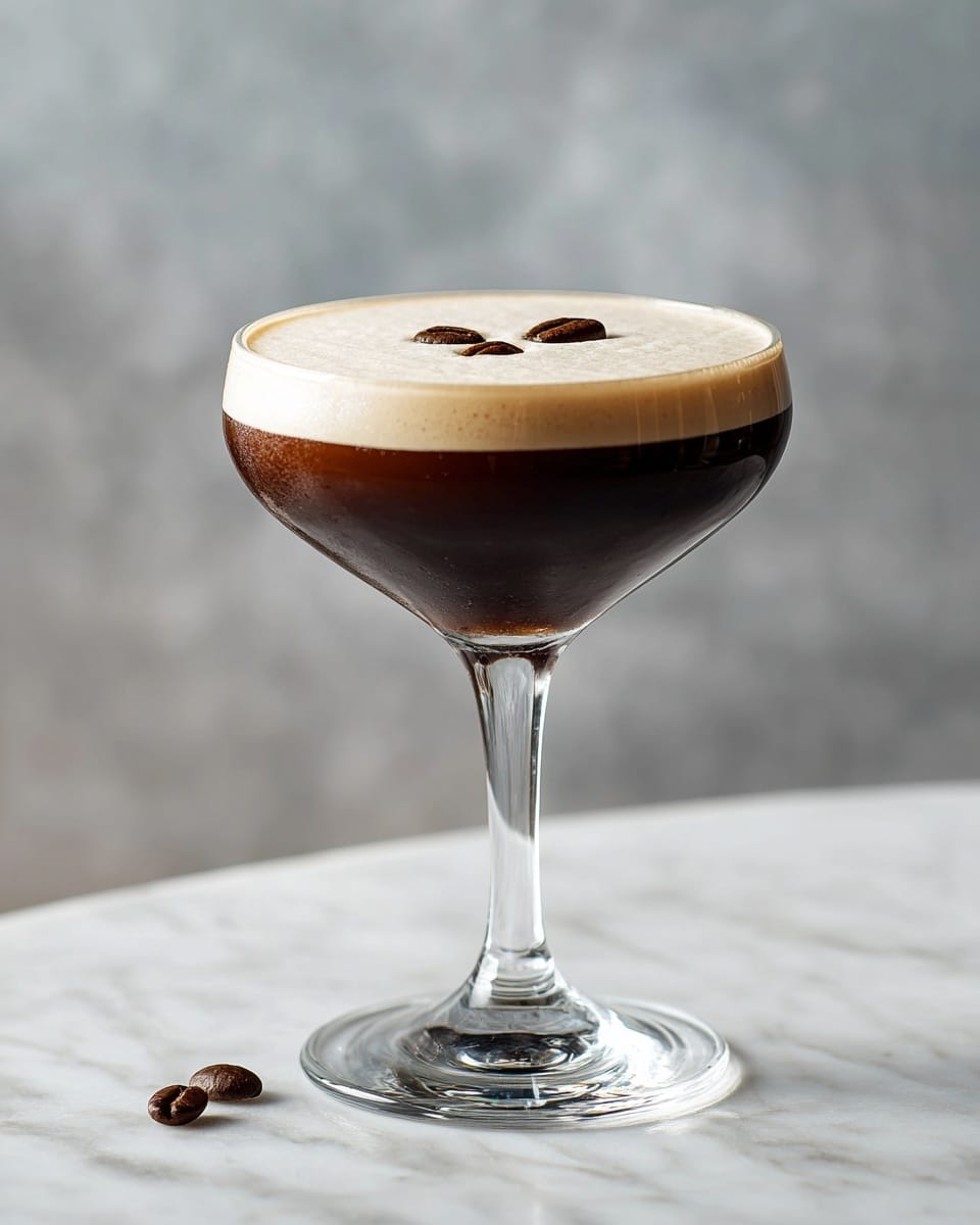 A clear glass coupe holds a two-layered creamy coffee drink, with a darker brown liquid at the bottom and a thick light beige foam on top. Three dark coffee beans rest on the foam, evenly spaced near the center. The glass stem is slender and transparent, set against a white marbled surface with a soft grey background. photo taken with an iphone --ar 4:5 --v 7