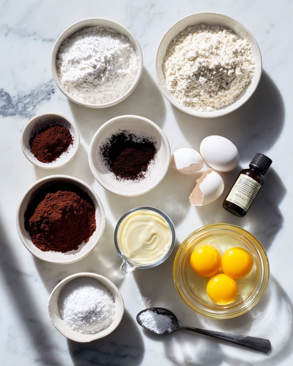 Nine small white bowls and one clear measuring cup are arranged on a white marbled surface. The bowls contain different dry and wet ingredients: white granulated sugar, flour, dark powdery cocoa, black powdery coffee, two cracked raw eggs with yellow yolks, white powdery baking powder, white granulated sugar, and clear liquid oil. The measuring cup in the center holds a creamy white liquid. A small bottle with a black cap and a metal spoon with white powder are placed near the bowls. The light casts soft shadows creating a clean and organized look. photo taken with an iphone --ar 4:5 --v 7