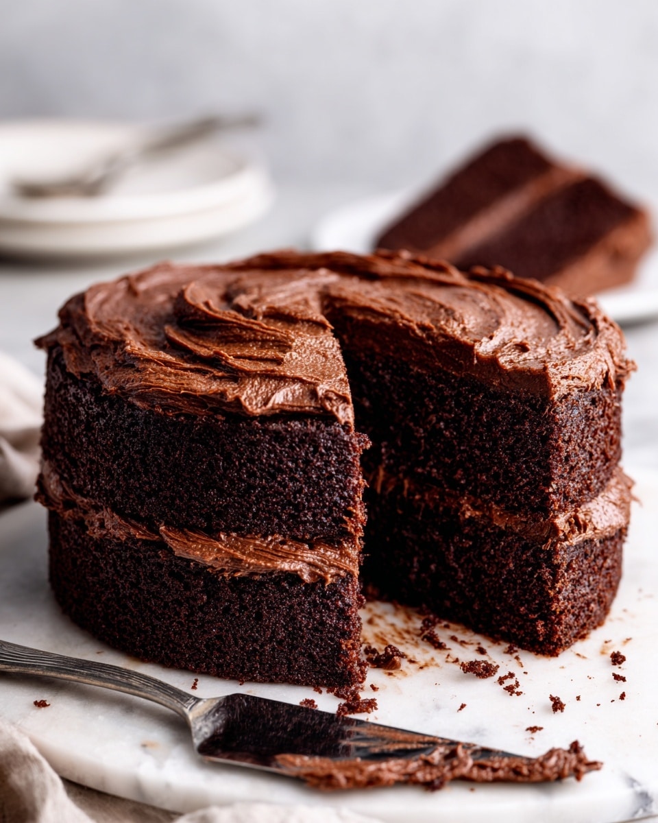 A two-layer round chocolate cake sits on a white marbled surface with a slice removed from the front, showing thick, dark brown, moist cake layers separated by a smooth, darker chocolate frosting layer. The entire cake is coated in a similar rich chocolate frosting with visible swirls and a slightly shiny texture on top and around the sides. Crumbs and bits of frosting are scattered near the cake, along with a metal cake spatula resting nearby. In the blurred background, a white plate with cutlery and a silver spoon can be seen. photo taken with an iphone --ar 4:5 --v 7