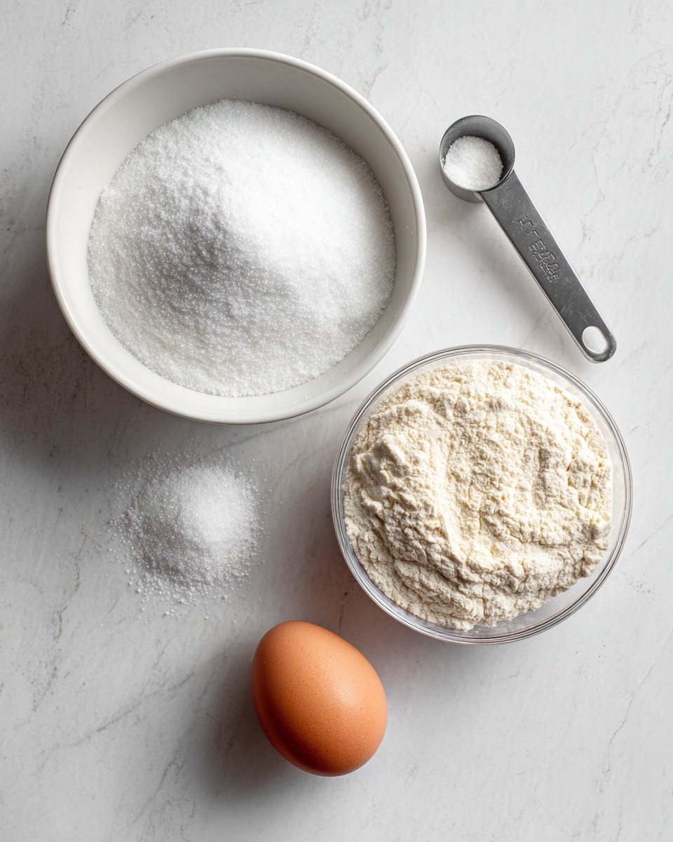 A simple arrangement of baking ingredients is shown on a white marbled surface. There is a white bowl filled with white granulated sugar positioned near the top left. To the right of the bowl, a clear plastic measuring cup contains light brown yeast powder, and just above it, a metal measuring spoon holds white flour. Below the bowl and measuring cup, a single brown egg sits directly on the marble surface, completing the set of ingredients. The image is clean and minimalistic with natural lighting, photo taken with an iphone --ar 4:5 --v 7