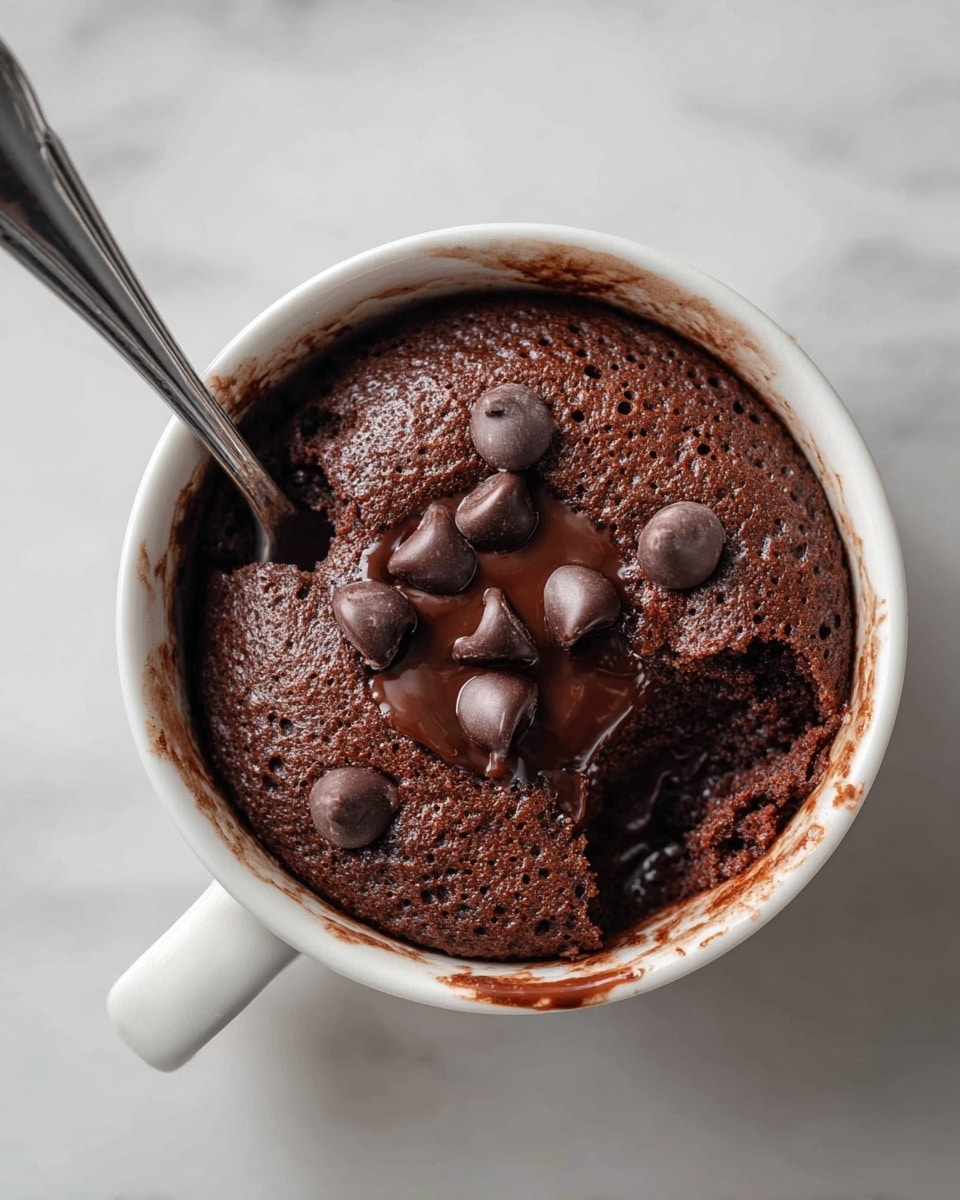 A white ribbed cup filled with a single-layer chocolate cake that has a soft, airy, and slightly melted texture on top. The cake shows a rich dark brown color with scattered shiny chocolate drops melting into the surface. Chocolate batter residue is visible along the inner cup walls, and a silver spoon is placed inside the cup touching the cake. The cup sits on a white marbled surface. photo taken with an iphone --ar 4:5 --v 7