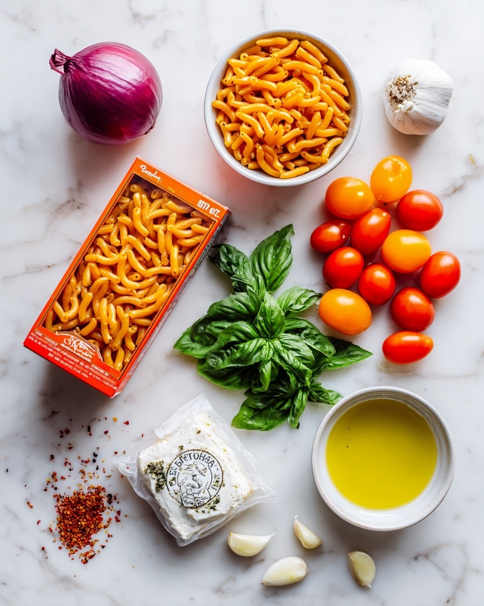 A white marbled surface holds various ingredients neatly arranged: a bright orange box of Banza gemelli pasta made from chickpeas at the top left, a small pile of mixed red and orange grape tomatoes at the top right, a small pile of fresh green basil leaves below the pasta box, a white package of Boursin cracked black pepper cheese centered near the basil, a small white bowl filled with golden olive oil to the right of the cheese, a few peeled garlic cloves scattered below the cheese and bowl, a small pile of red pepper flakes near the bottom left, and a whole purple onion on the left side. The colors are vivid and textures contrast well, all set against the clean white marbled background. photo taken with an iphone --ar 4:5 --v 7