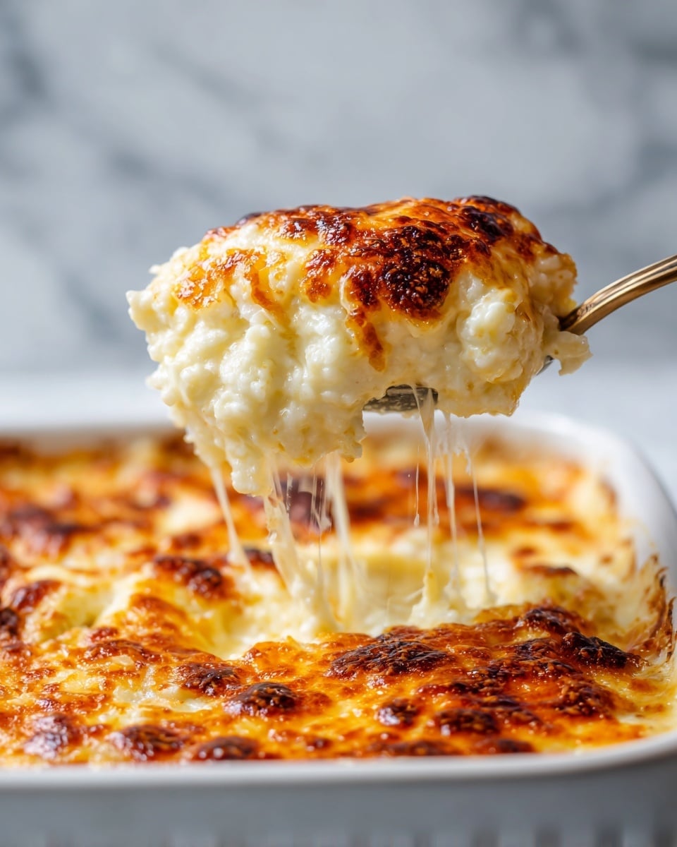 A close-up of a spoon lifting a cheesy baked dish showing two layers; the top layer is golden-brown cheese with bubbly, browned spots and a slightly melted shiny texture, while the bottom layer is creamy, soft, and light yellow with small curds or lumps, with strings of melted cheese stretching from the spoon to the dish below, all set against a white marbled surface. photo taken with an iphone --ar 4:5 --v 7