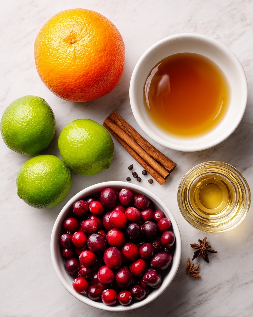 The image shows ingredients for a recipe arranged on a white marbled surface. At the top center, there is a whole orange with a bright, textured peel. To the right, an empty white bowl holds smooth agave nectar with an amber color and shiny surface. Below the orange, a white bowl is filled with fresh cranberries, which are round, shiny, and red with some darker purple ones mixed in. To the left of the cranberries, a cinnamon stick is placed horizontally, showing its brown, rough texture, and near it are two small whole cloves with a dark color. At the bottom left, three fresh green limes with a smooth, shiny surface are clustered together. On the bottom right, a clear glass holds golden tequila with a slight shine on the surface. All items are spaced neatly apart. Photo taken with an iphone --ar 4:5 --v 7